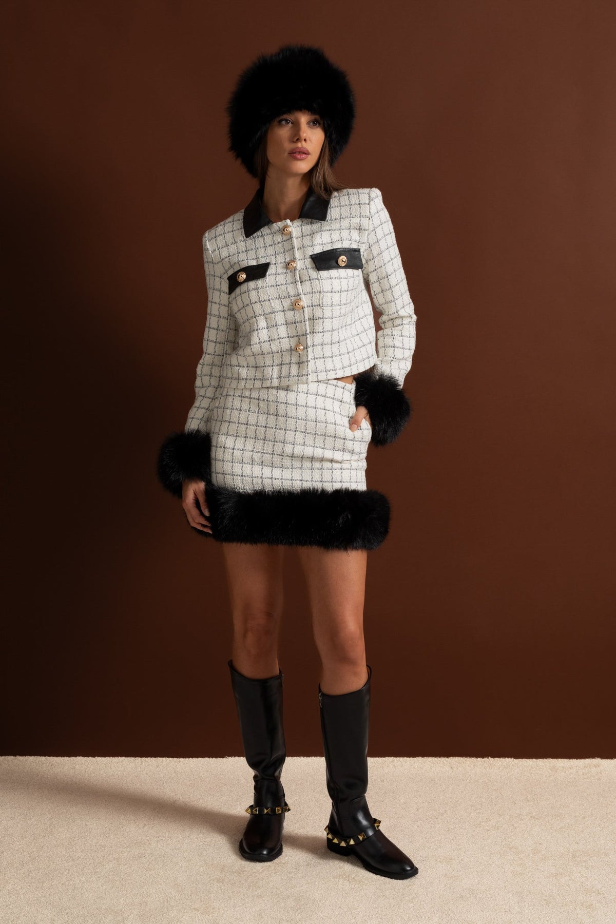 Tweed Co-Ord Set With Faux Fur Trim And Contrast Leather Details – White And Black