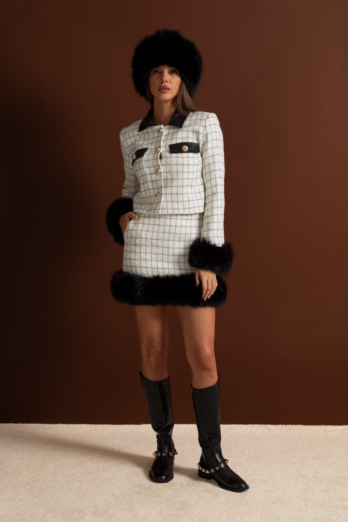 Tweed Co-Ord Set With Faux Fur Trim And Contrast Leather Details – White And Black