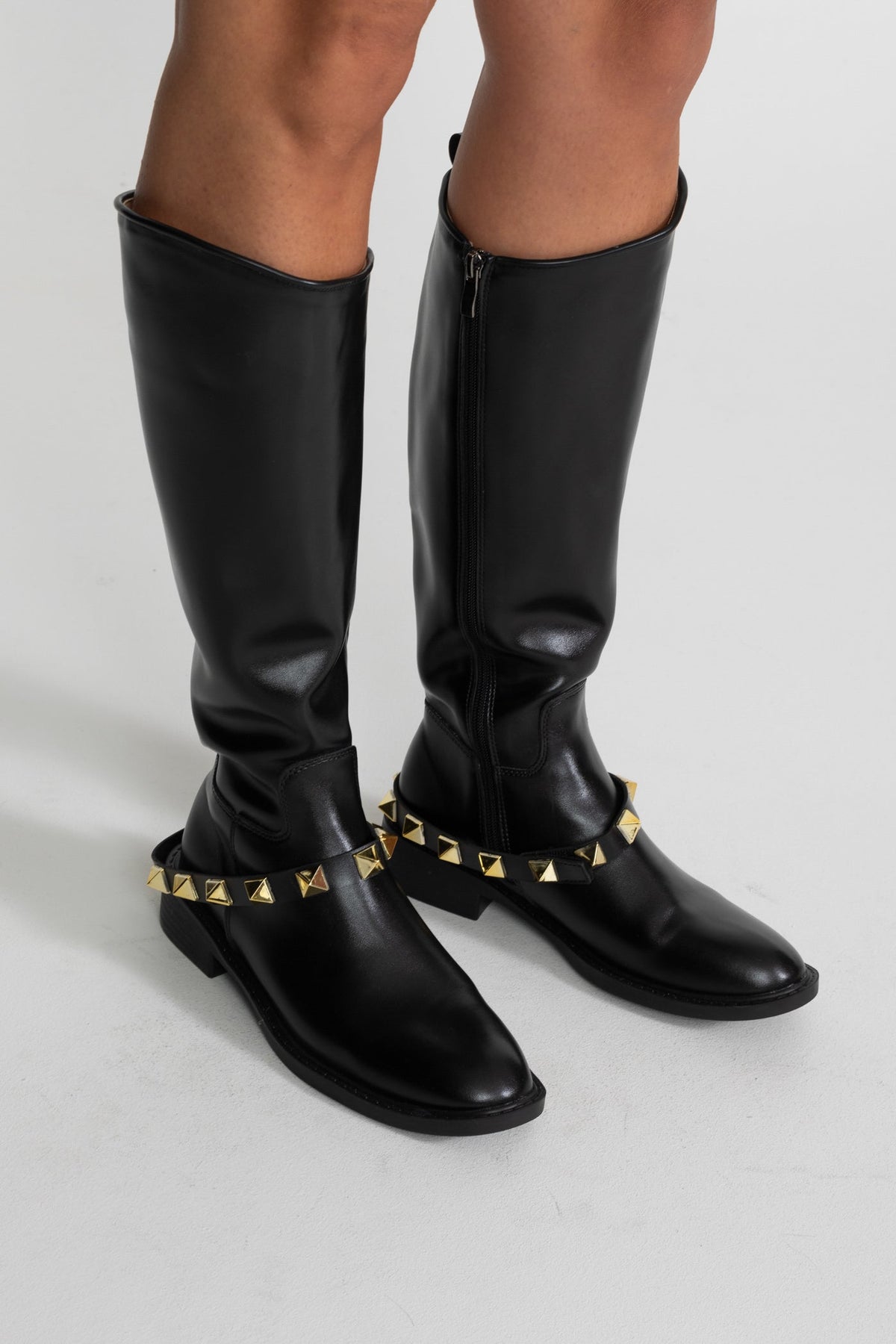 Knee-High Boots With Gold Stud Strap – Black