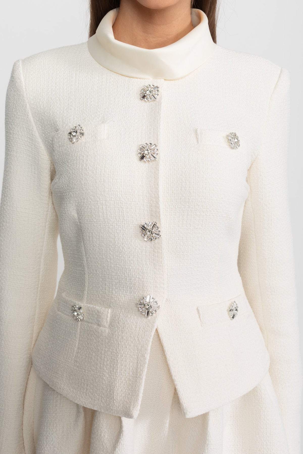 Textured Mini Dress with Crystal Button Embellishments – Ivoire