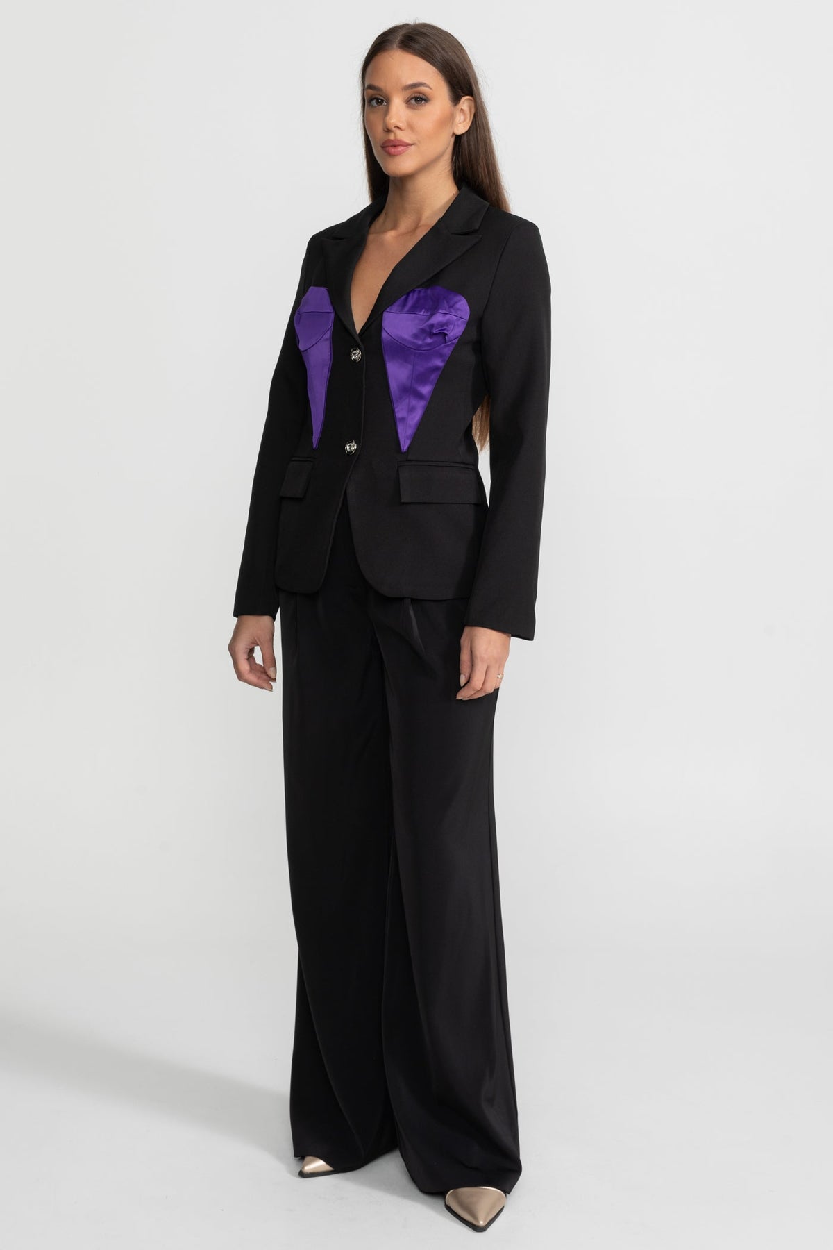Tailored Satin Panel Blazer With Contrasting Bust Panels – Black & Purple