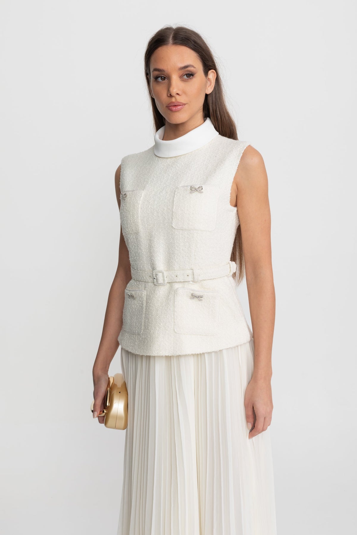 Sleeveless Textured Midi Dress with Pleated Chiffon Skirt – Ivoire