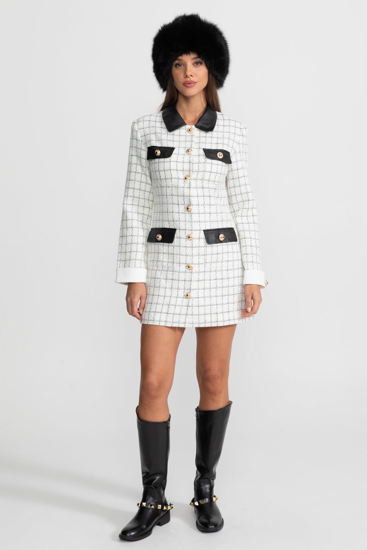 Long Sleeve Tweed Mini Dress With Contrasting Leather Details – White And Black