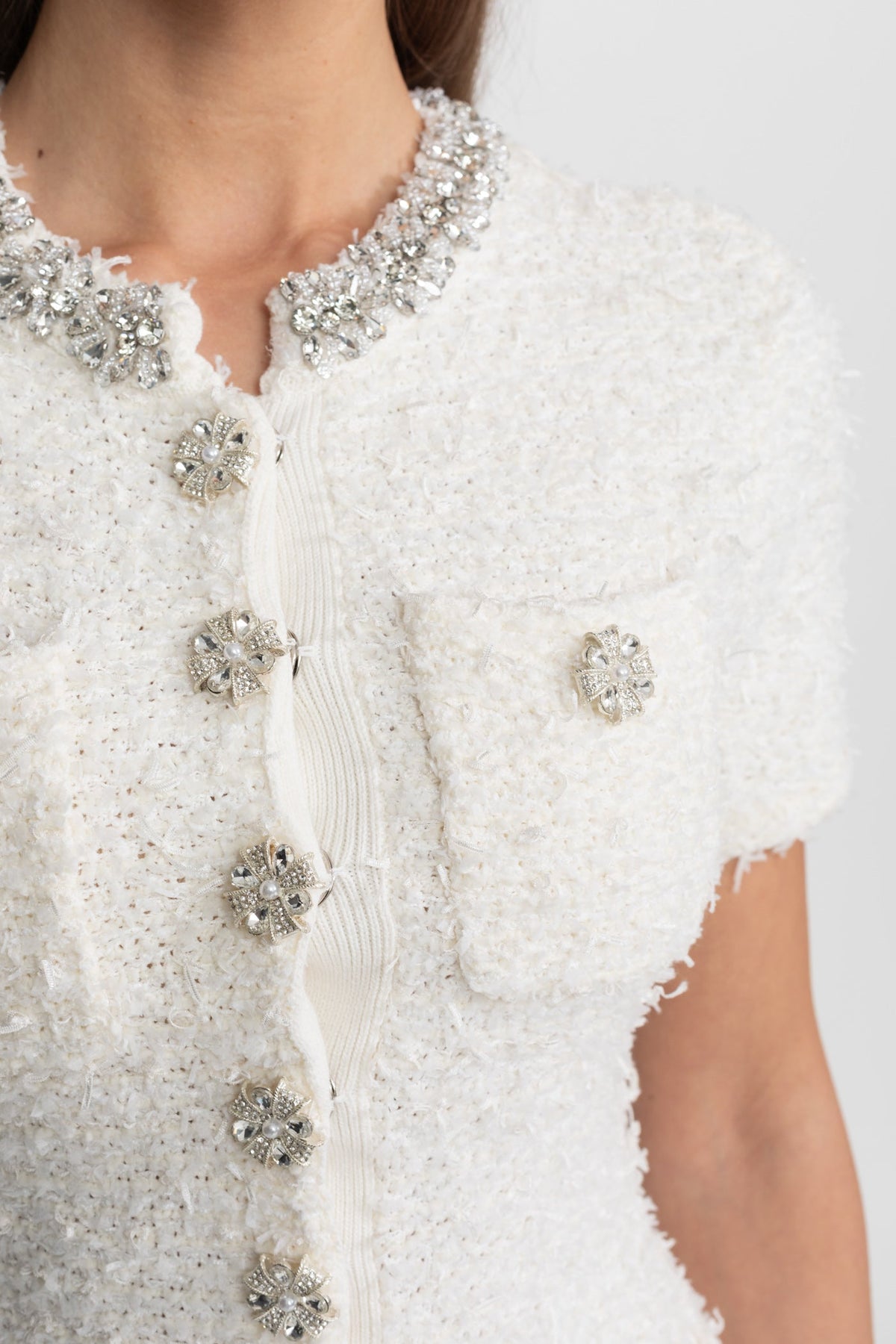 Embellished Tweed Mini Dress with Crystal Button Details – White
