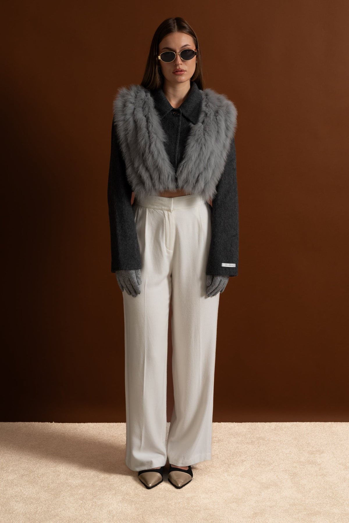 Wool Cropped Jacket with Fox Fur Collar – Charcoal Grey