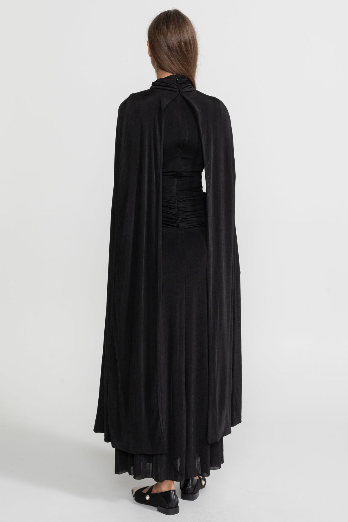 Draped Cape Maxi Dress With Ruched Waist – Black
