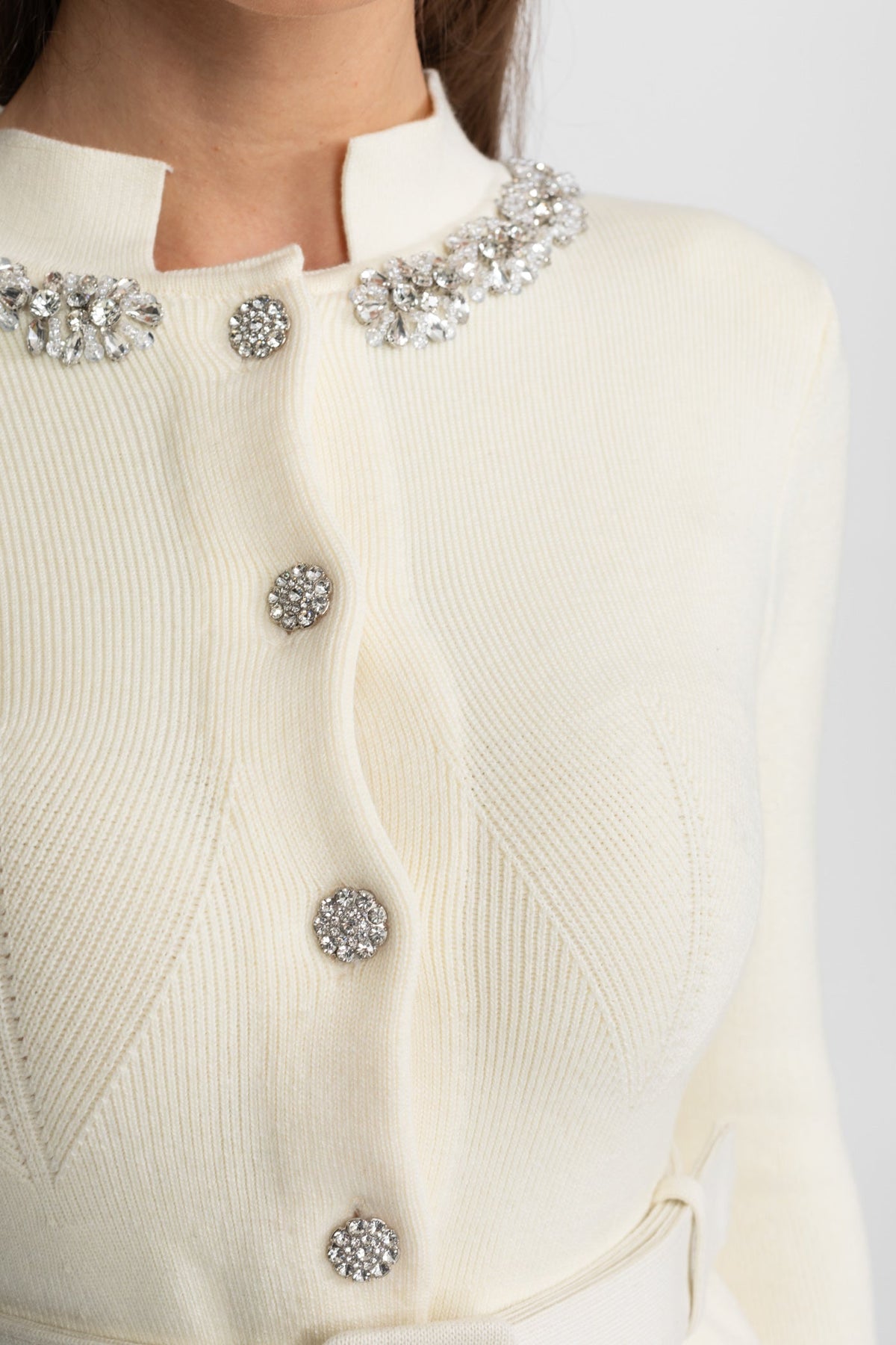 Midi Dress with Peplum Waist and Crystal Collar – Ivoire