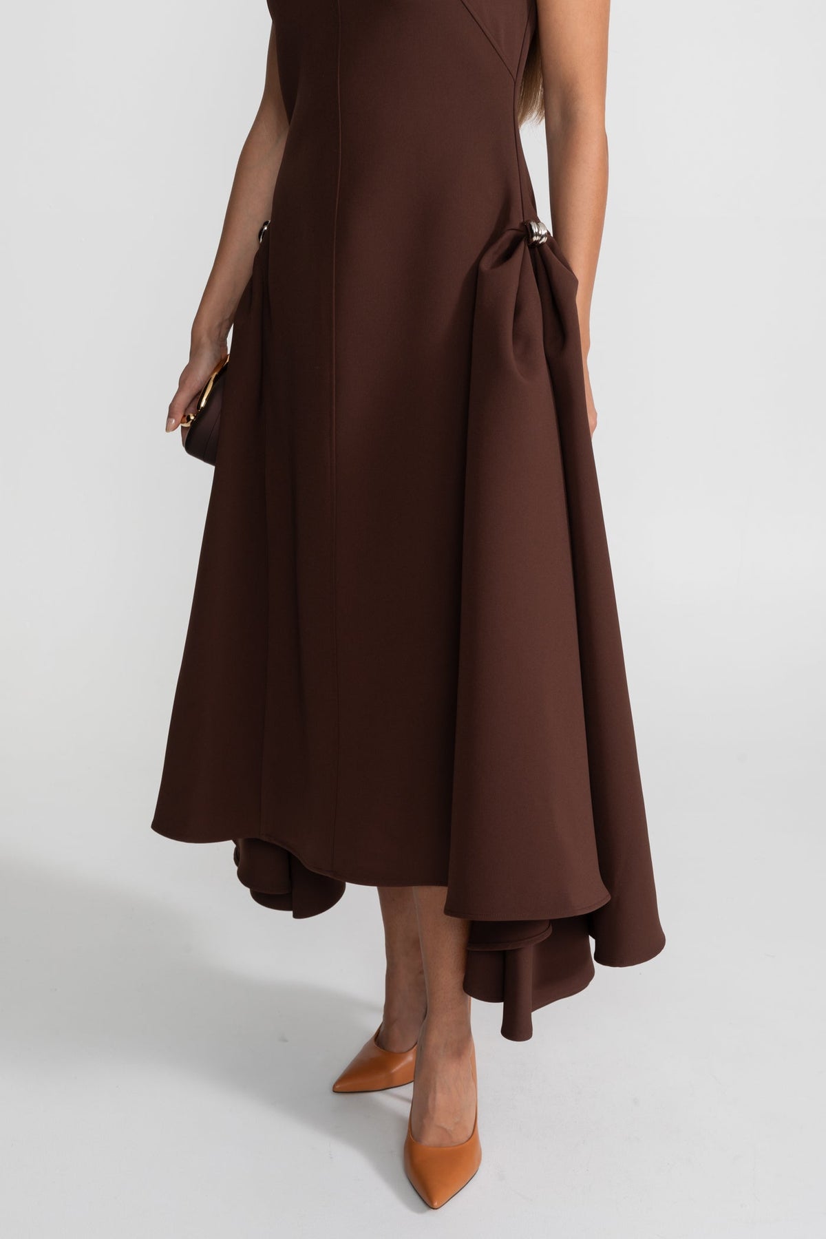 Structured Midi Dress with High-Low Hem and Metal Ring Details - Brown