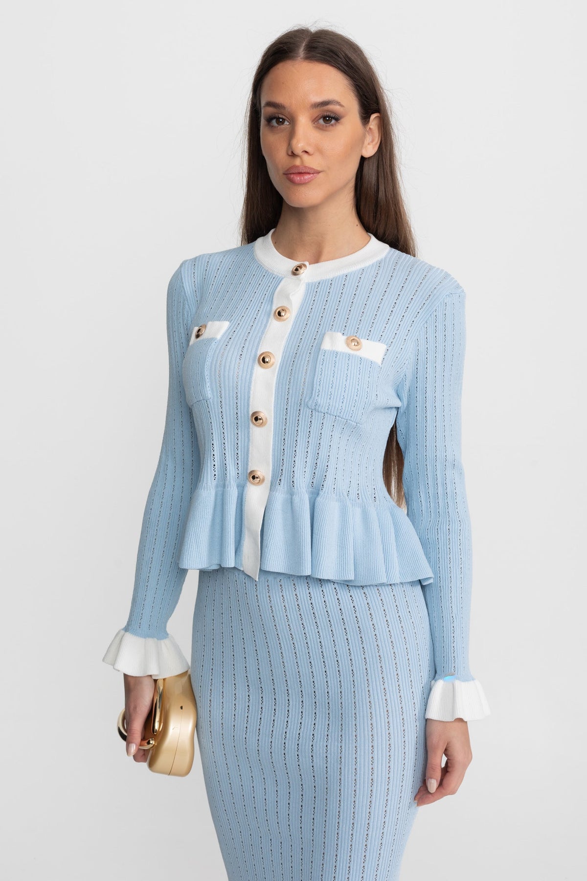 Pointelle Knit Midi Co-Ord with Contrast Trim – Baby Blue