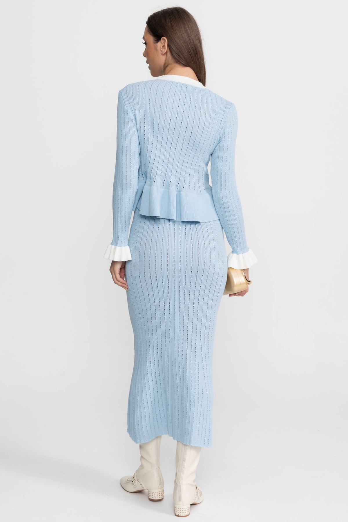 Pointelle Knit Midi Co-Ord with Contrast Trim – Baby Blue