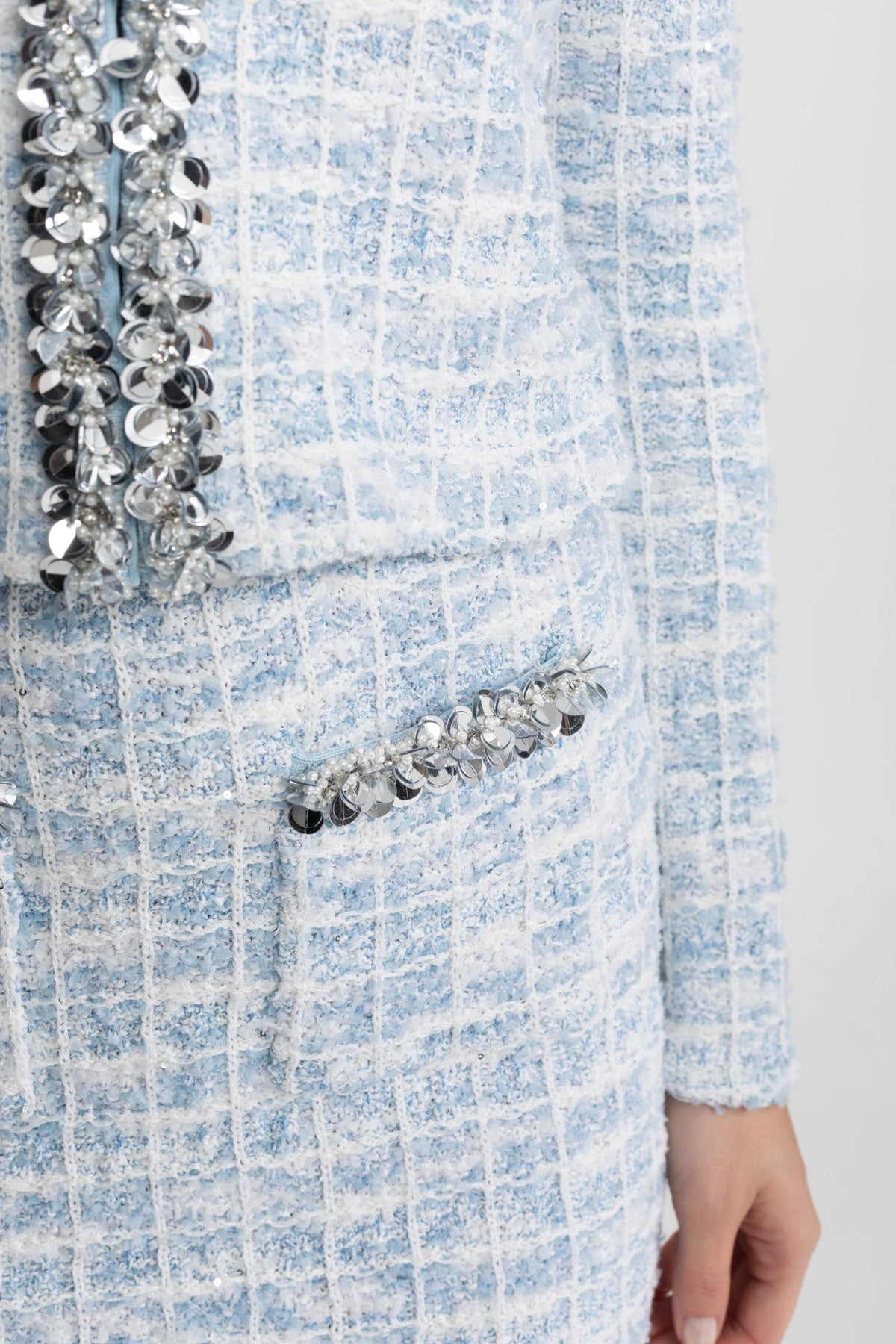 Embellished Tweed Co-Ord Set with Crystal Trim – Light Blue