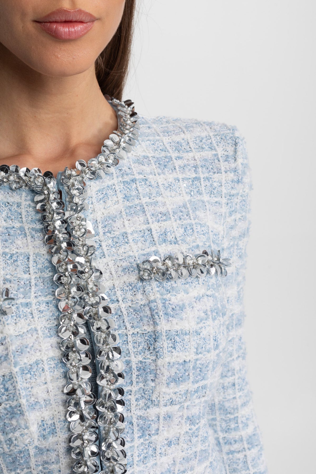 Embellished Tweed Co-Ord Set with Crystal Trim – Light Blue