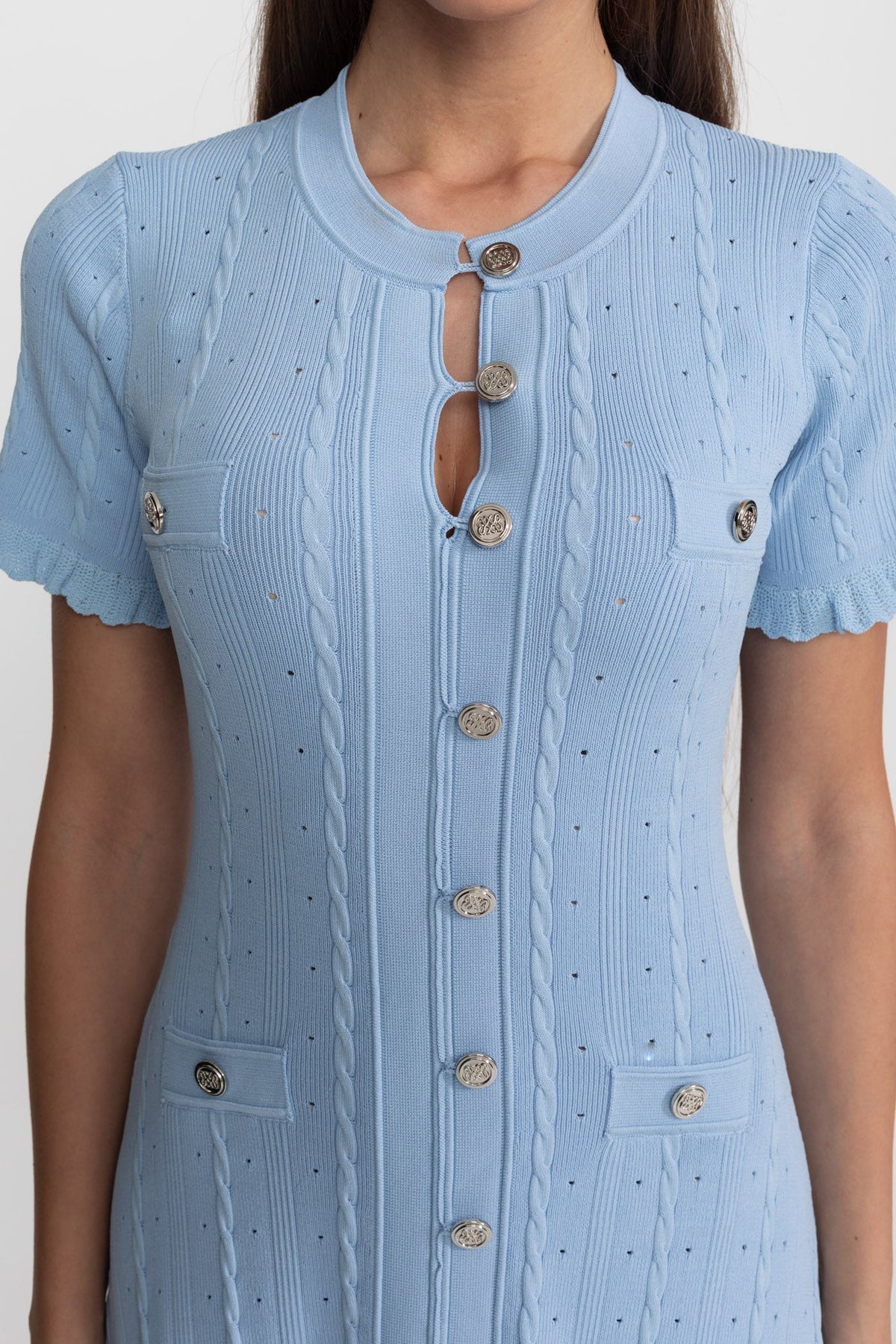 Knit Button-Front Midi Dress with Scalloped Sleeves – Baby Blue
