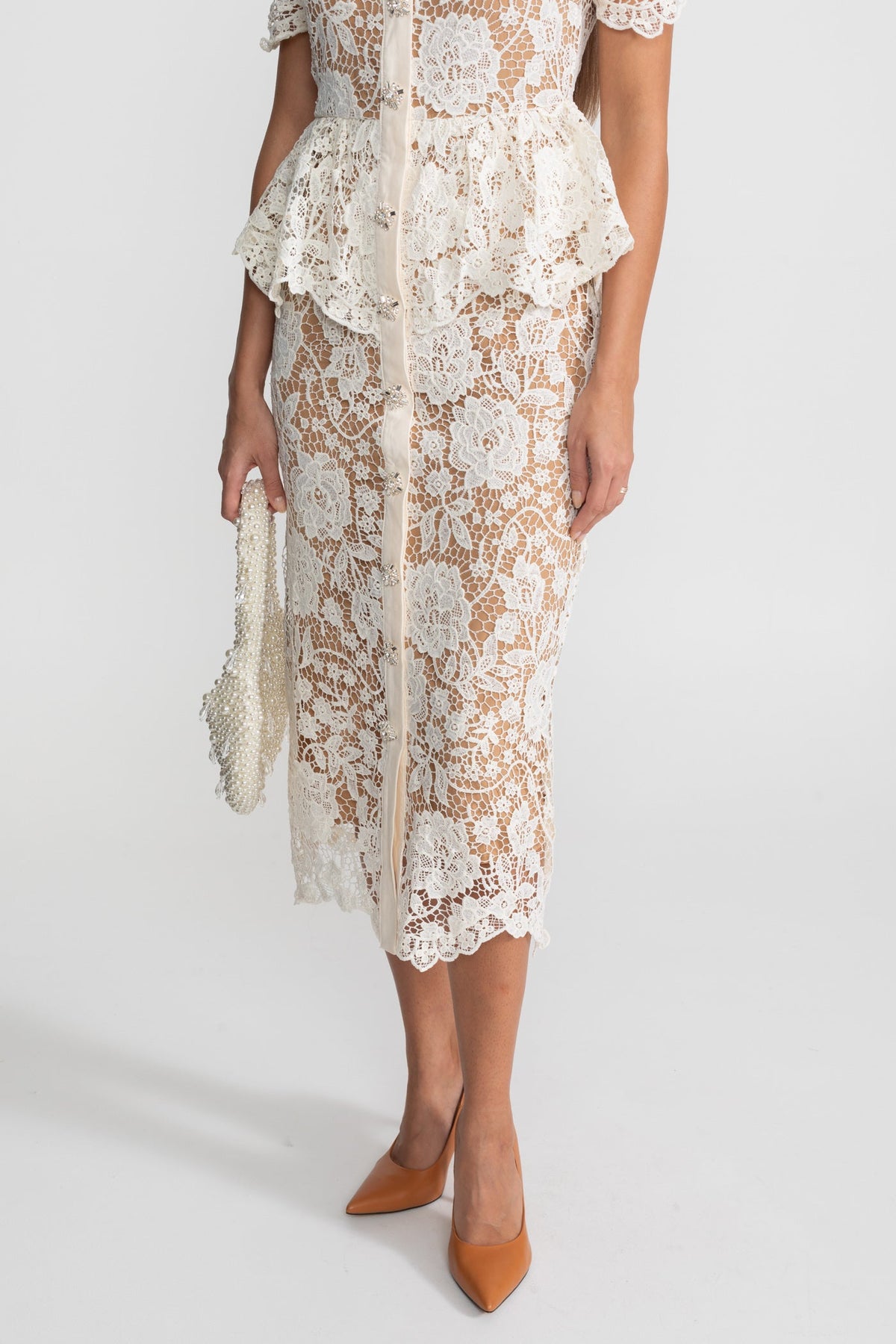 Lace Midi Dress with Peplum Waist and Satin Collar - White