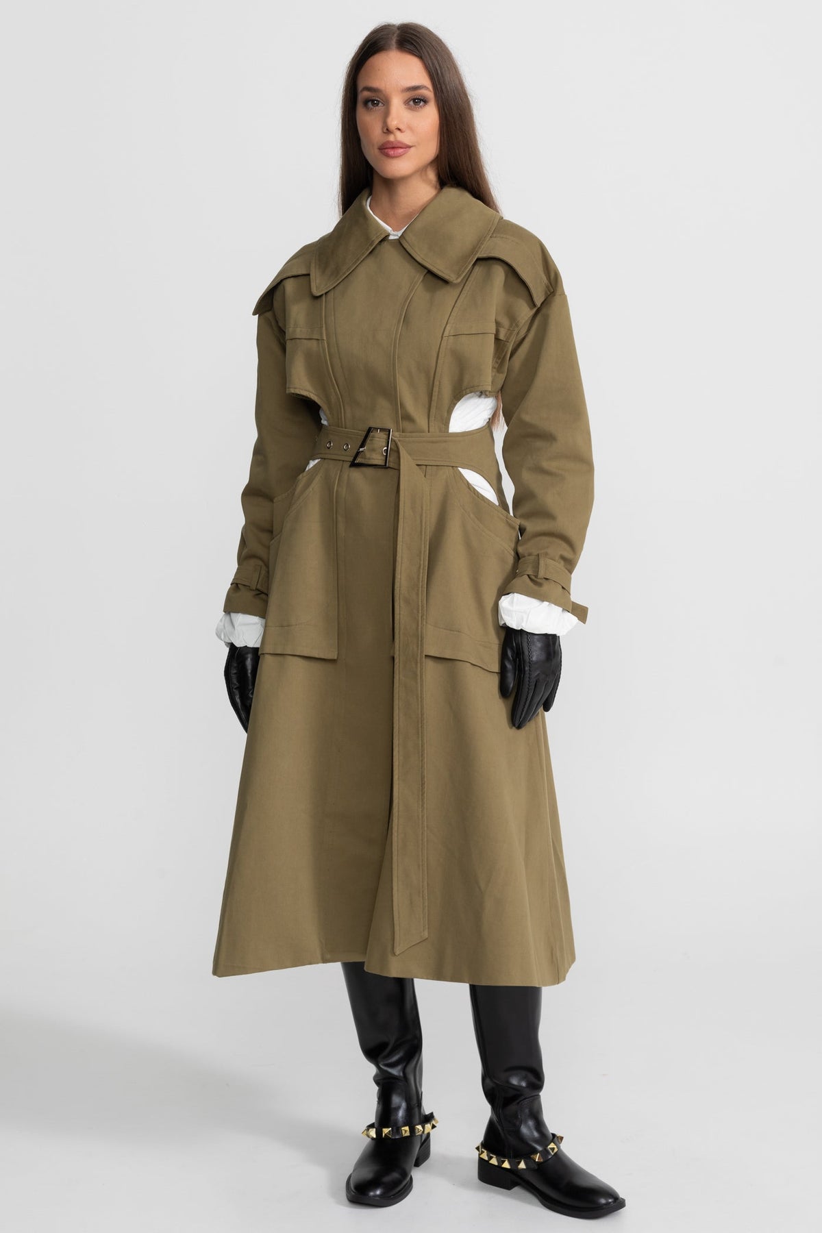 Cutout Trench Coat with Belted Waist and Utility Pockets - Khaki