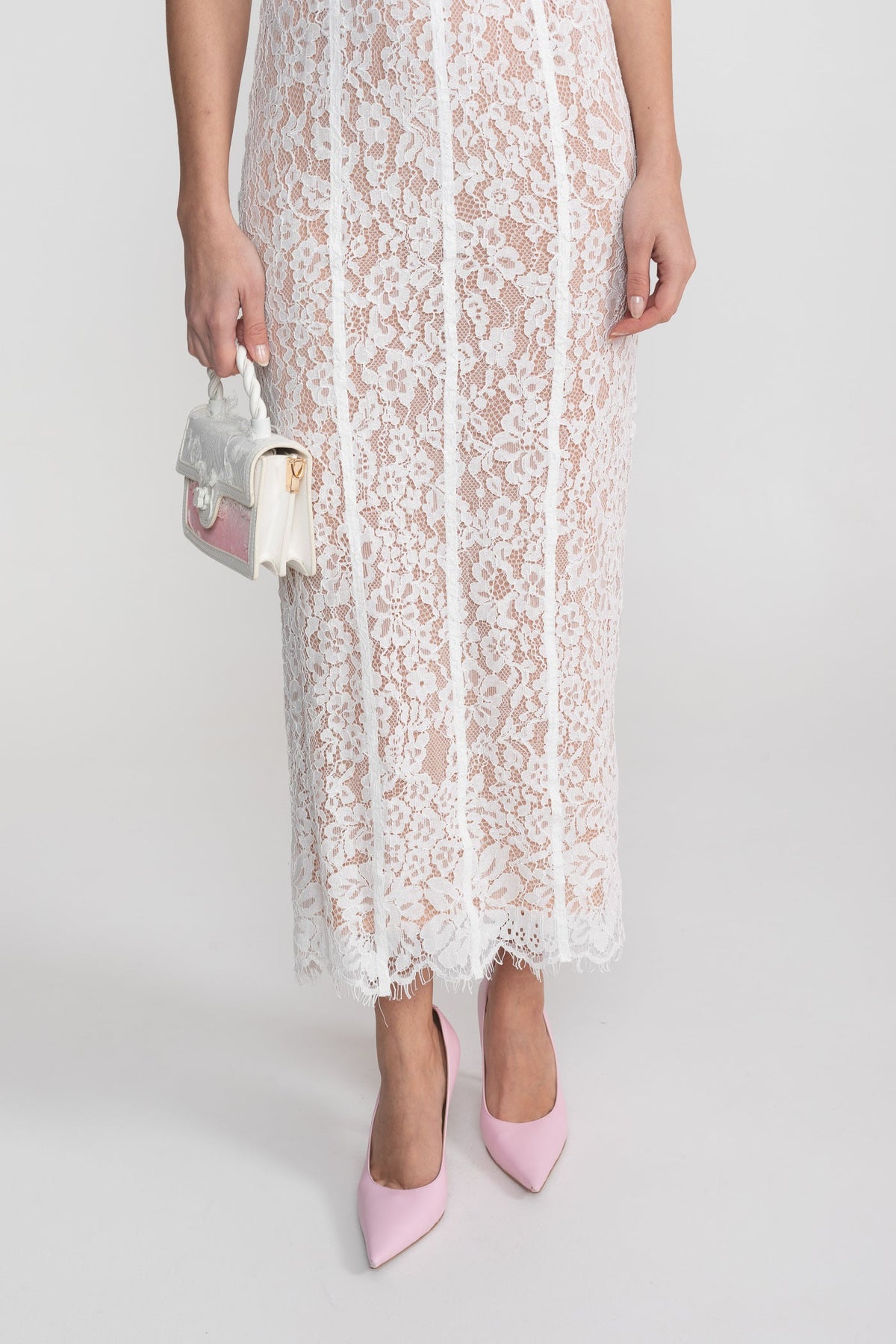 Lace Midi Dress With Sheer Corset Bodice - White
