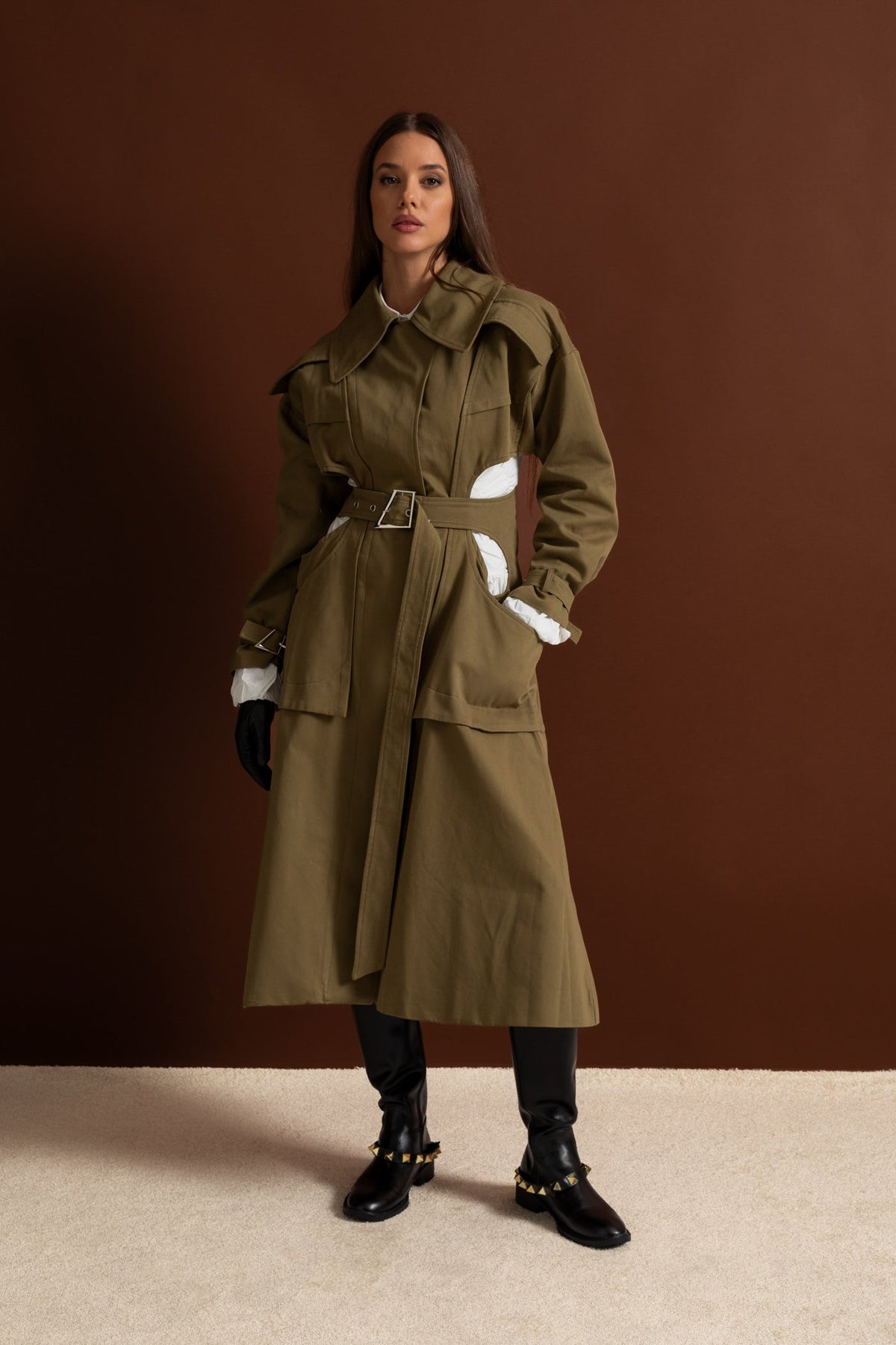 Cutout Trench Coat with Belted Waist and Utility Pockets - Khaki