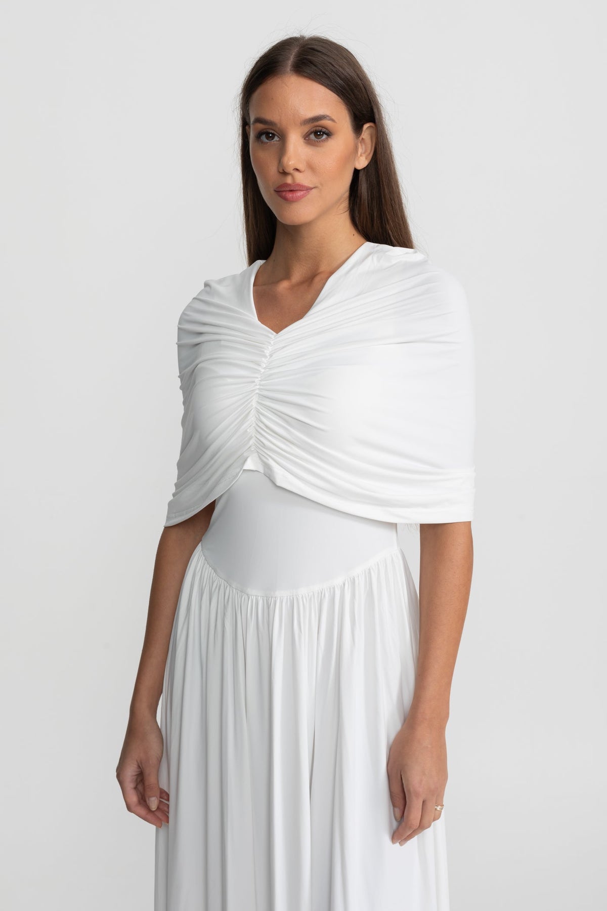 Gathered Jersey Maxi Dress with Cape Effect - White