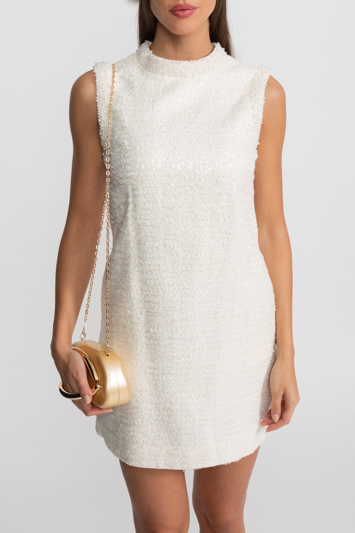 Sequin Tweed Mini Dress with Beaded Collar  – White