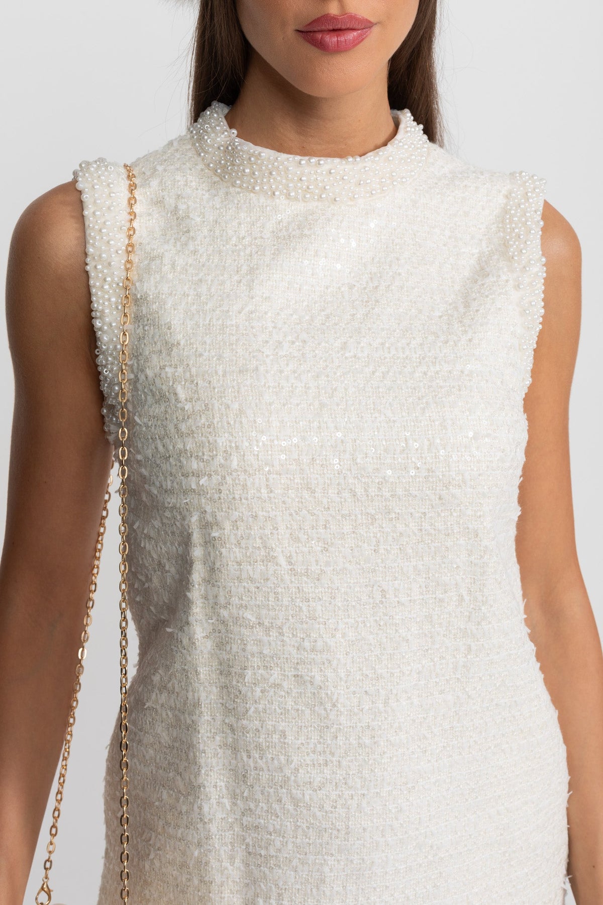 Sequin Tweed Mini Dress with Beaded Collar  – White