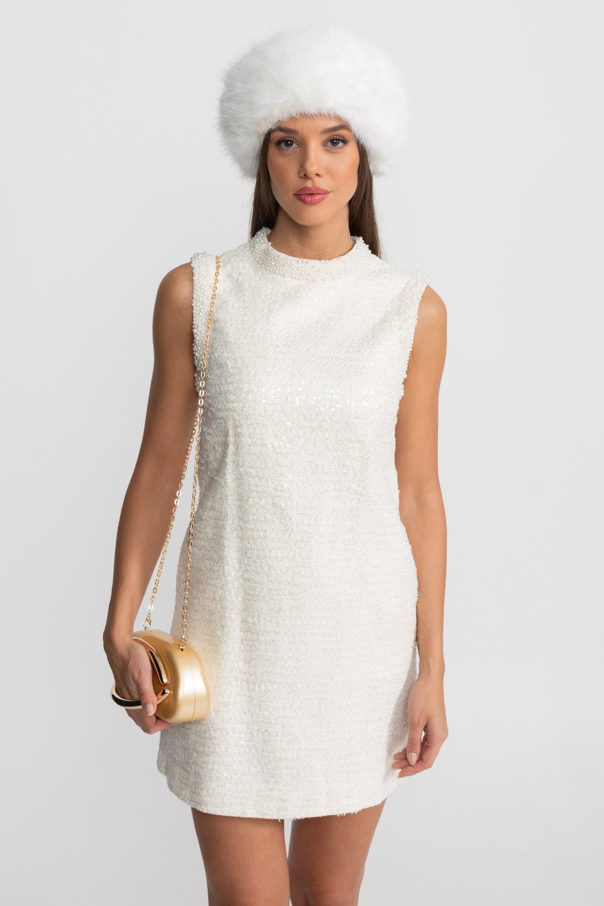 Sequin Tweed Mini Dress with Beaded Collar  – White