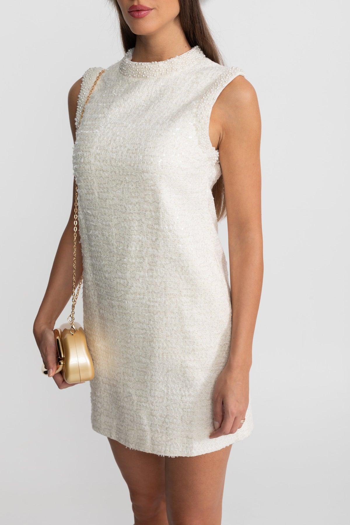 Sequin Tweed Mini Dress with Beaded Collar  – White