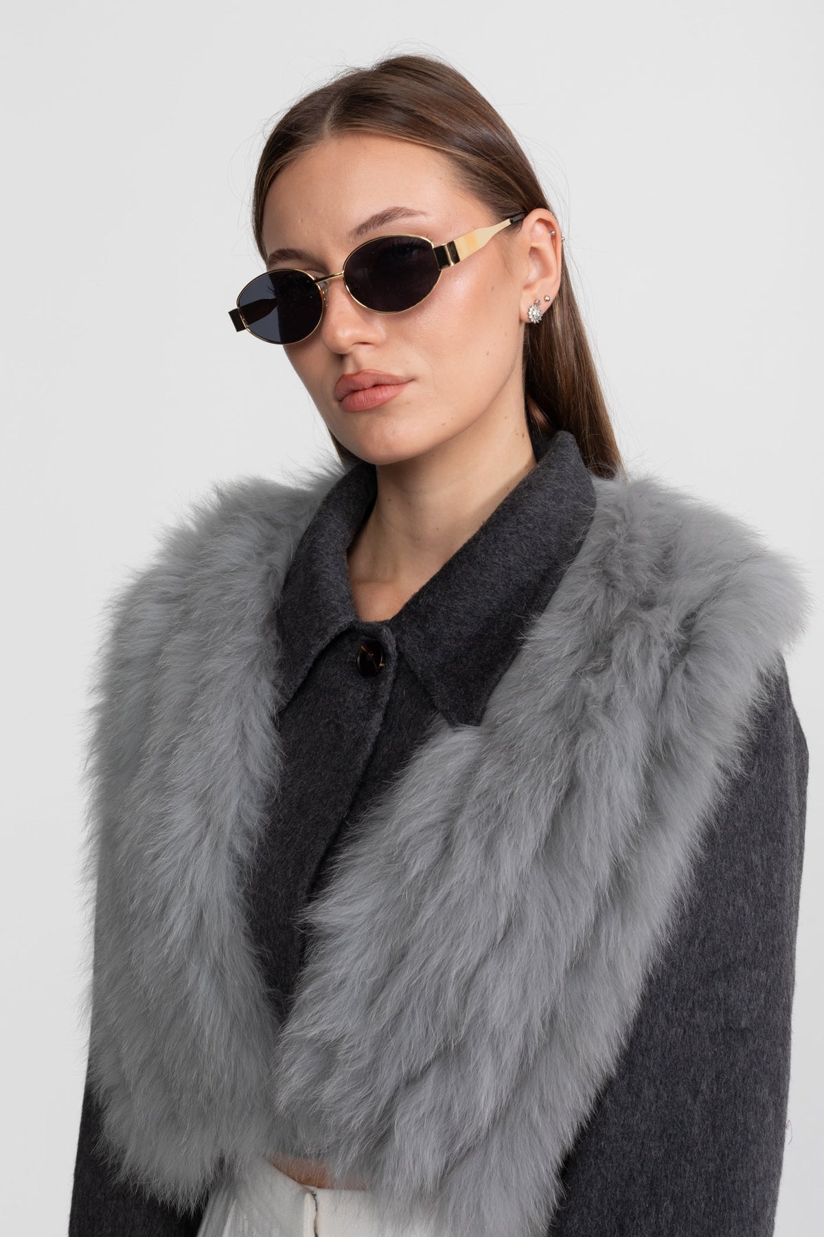 Wool Cropped Jacket with Fox Fur Collar – Charcoal Grey