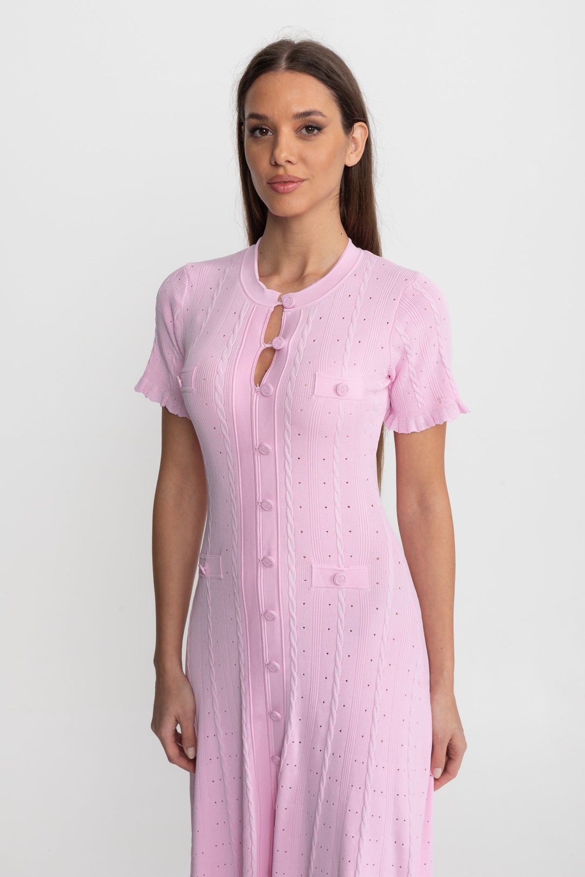 Knit Button-Front Midi Dress with Scalloped Sleeves – Pink