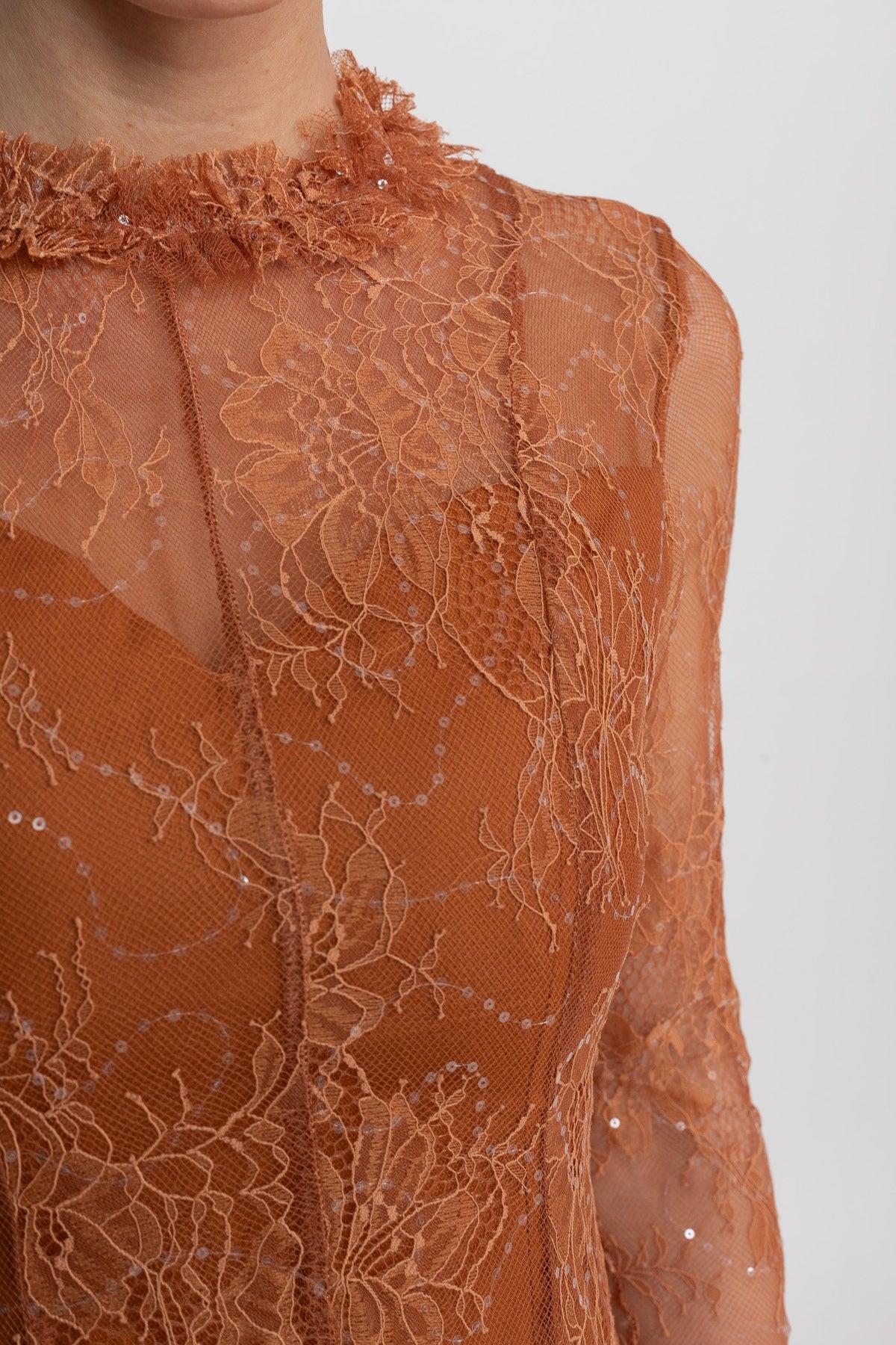 Sheer Lace Long Sleeve Mini Dress With Ruffled Hem - Rust