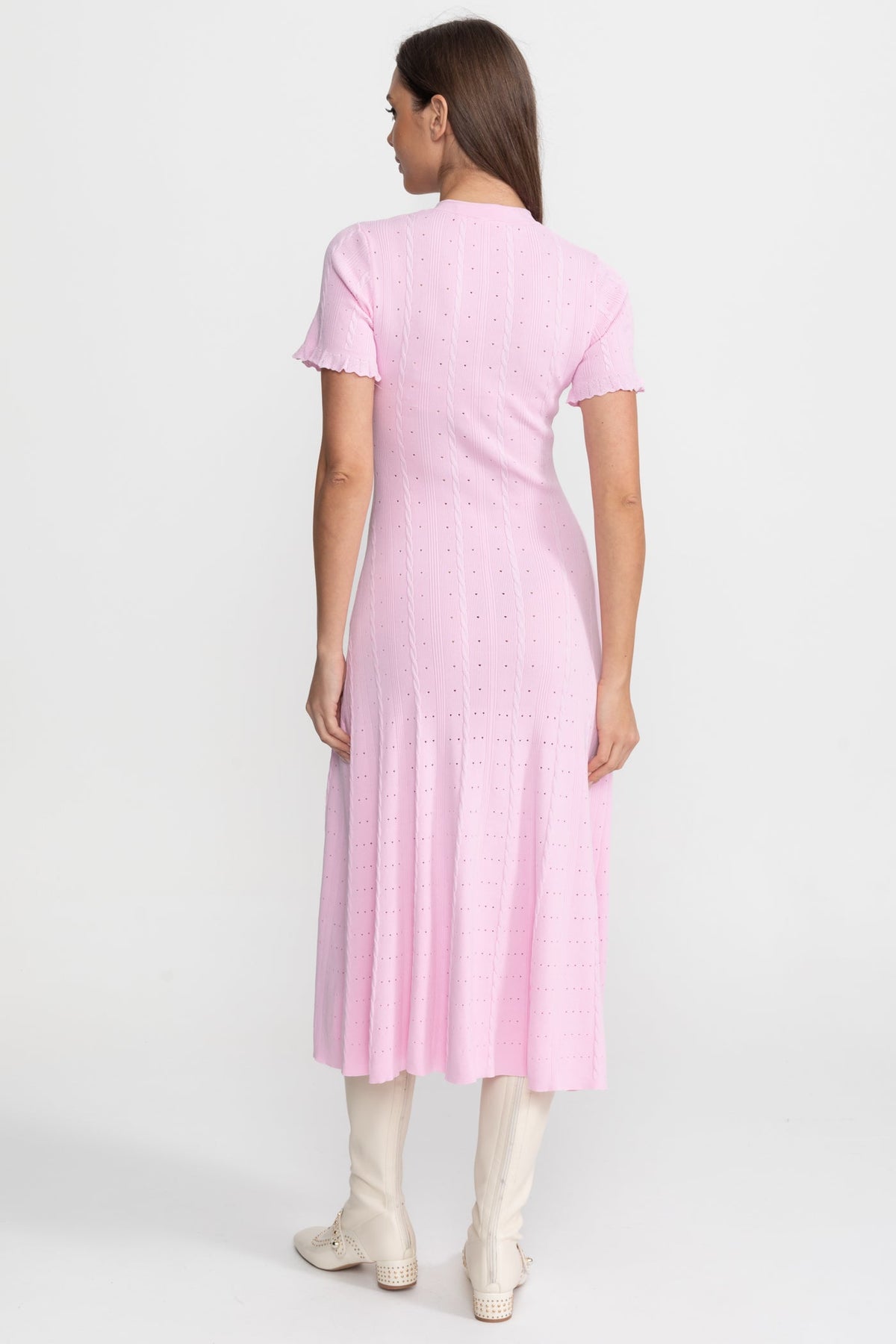 Knit Button-Front Midi Dress with Scalloped Sleeves – Pink