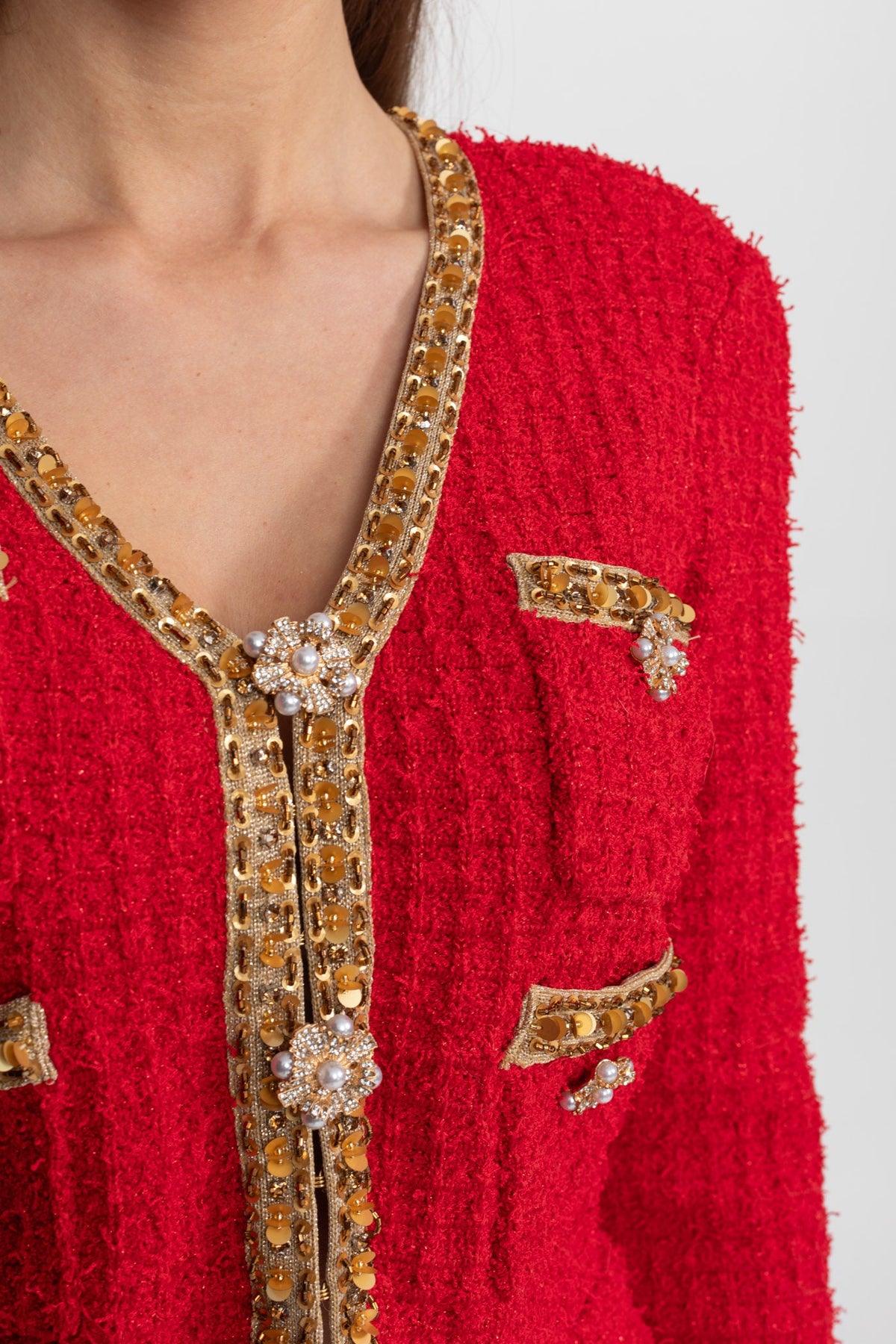 Textured Tweed Co-Ord Set with Gold Trim and Crystal Buttons – Red