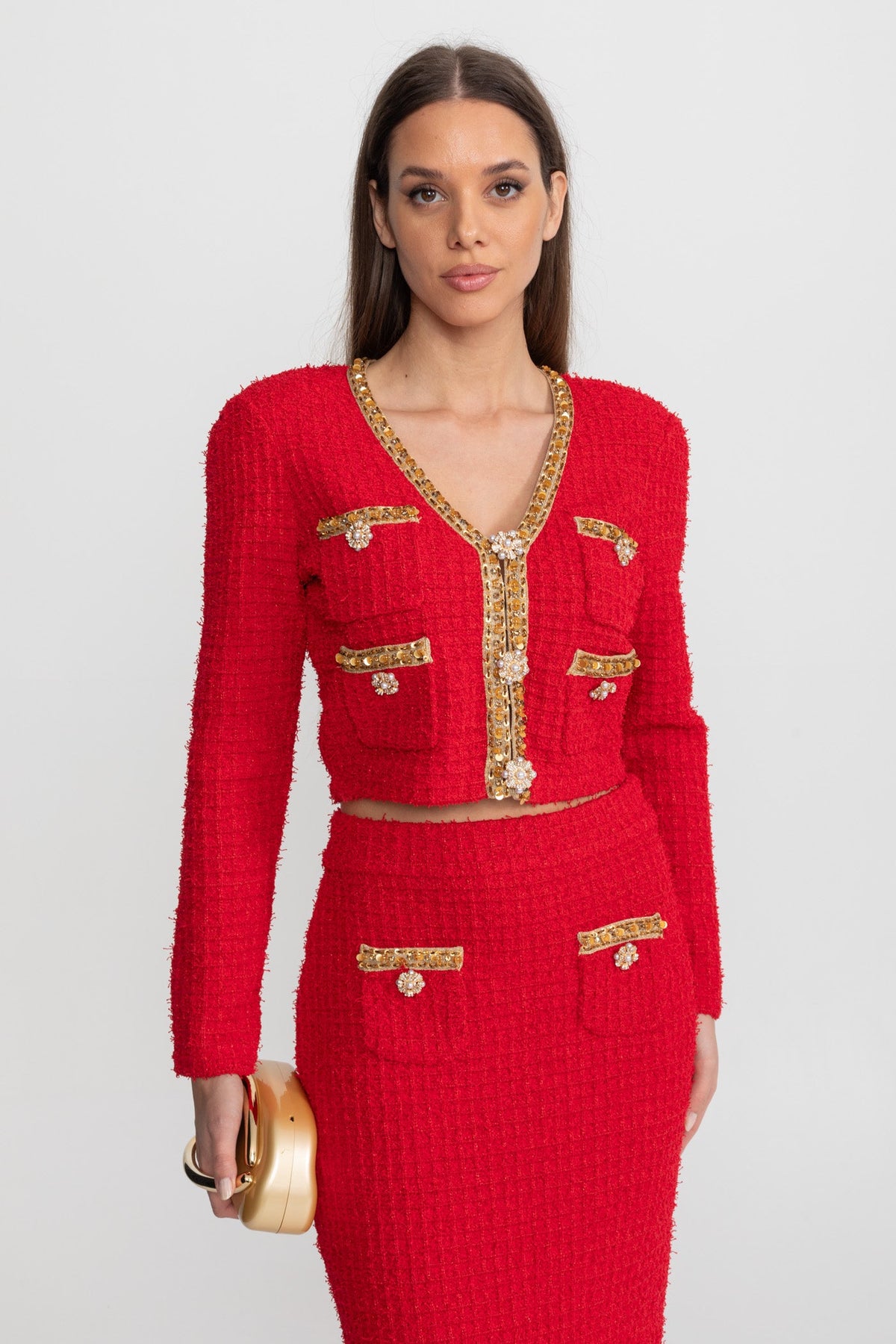 Textured Tweed Co-Ord Set with Gold Trim and Crystal Buttons – Red