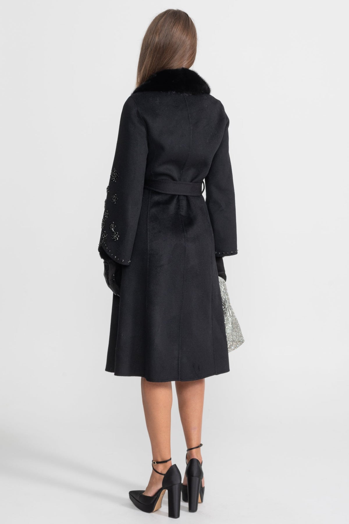 Embellished Wool Overcoat With Fox Fur Collar – Black