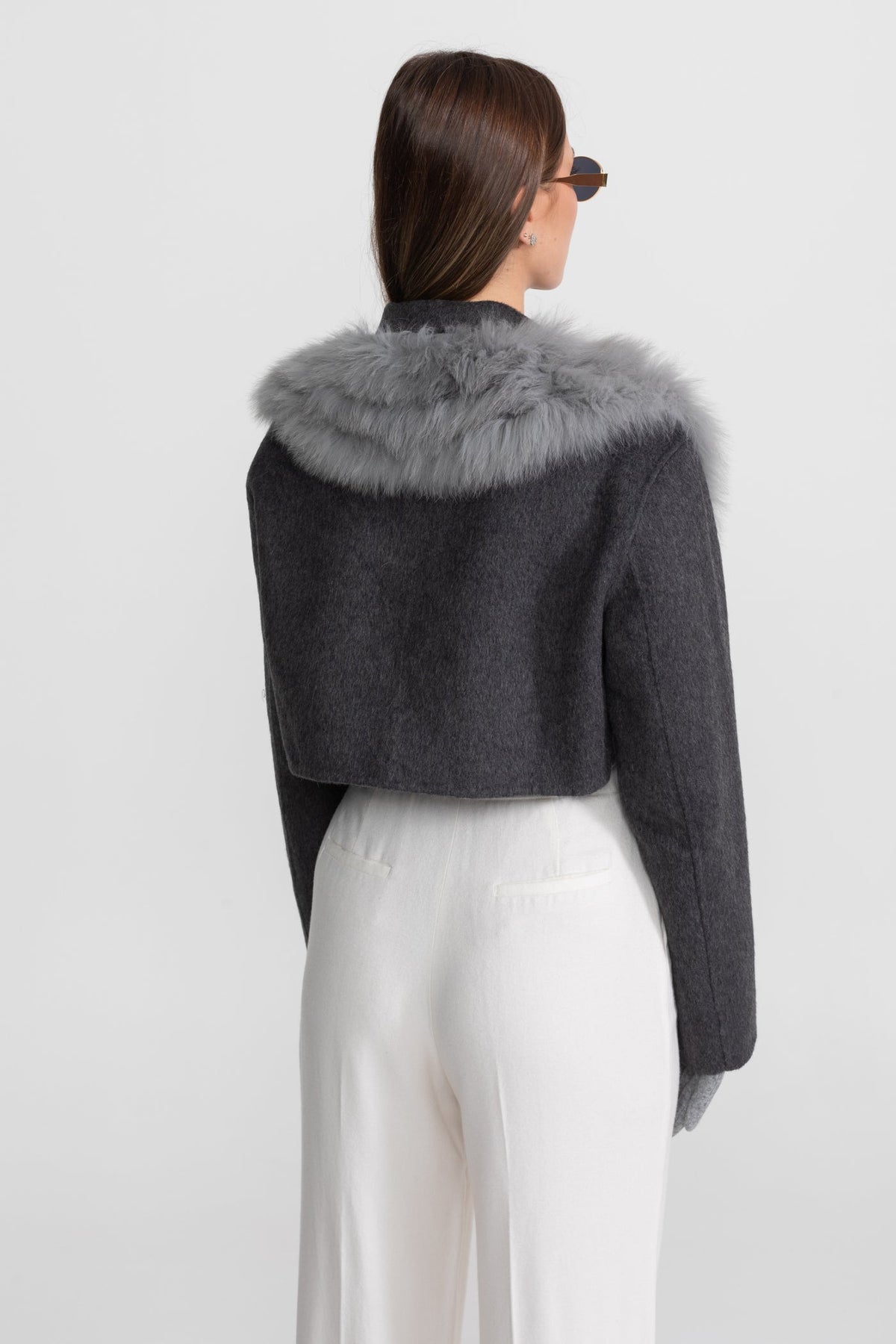 Wool Cropped Jacket with Fox Fur Collar – Charcoal Grey