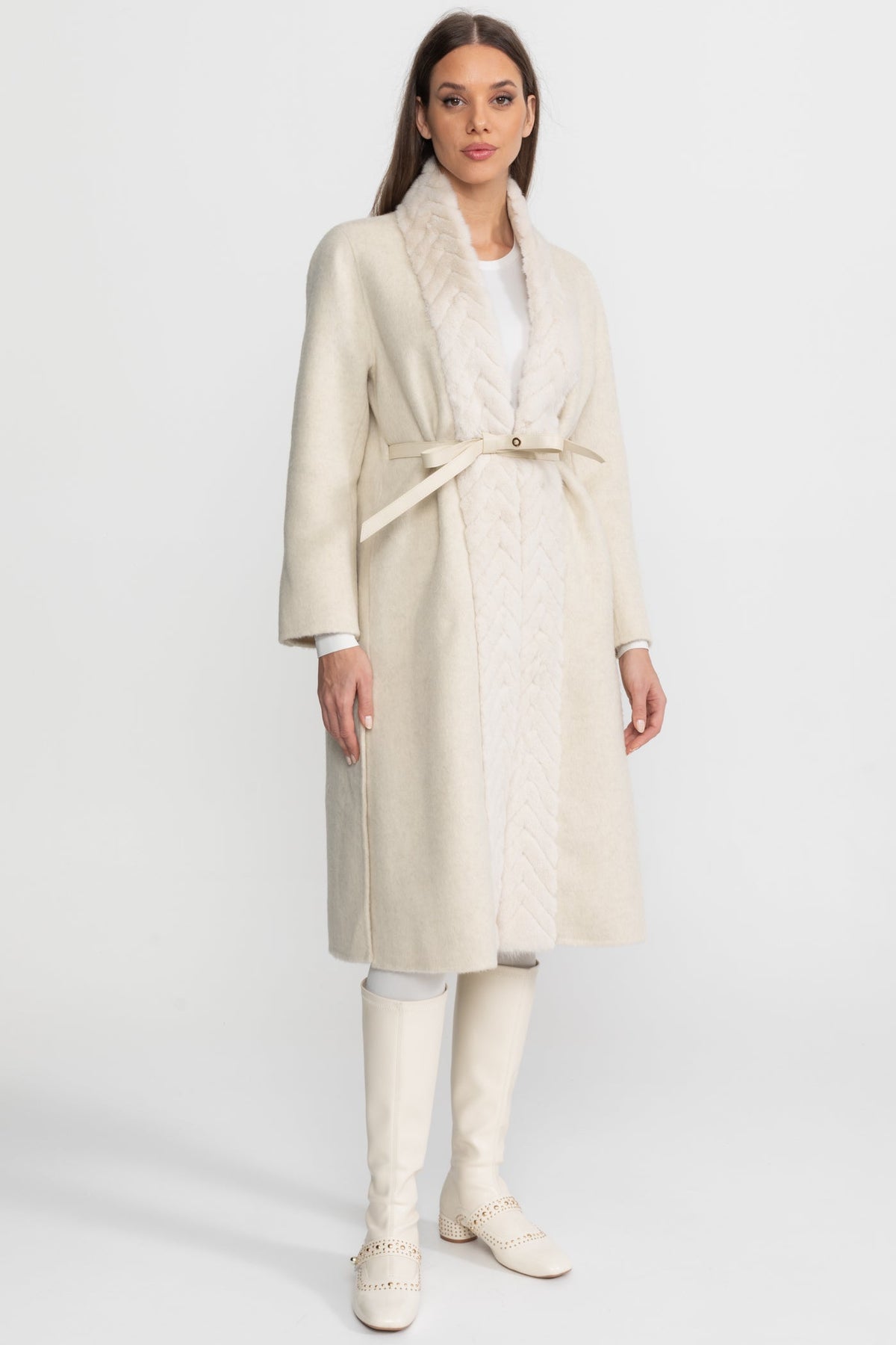 Wool Blend Belted Coat with Textured Sable Fur Panel – Ivoire