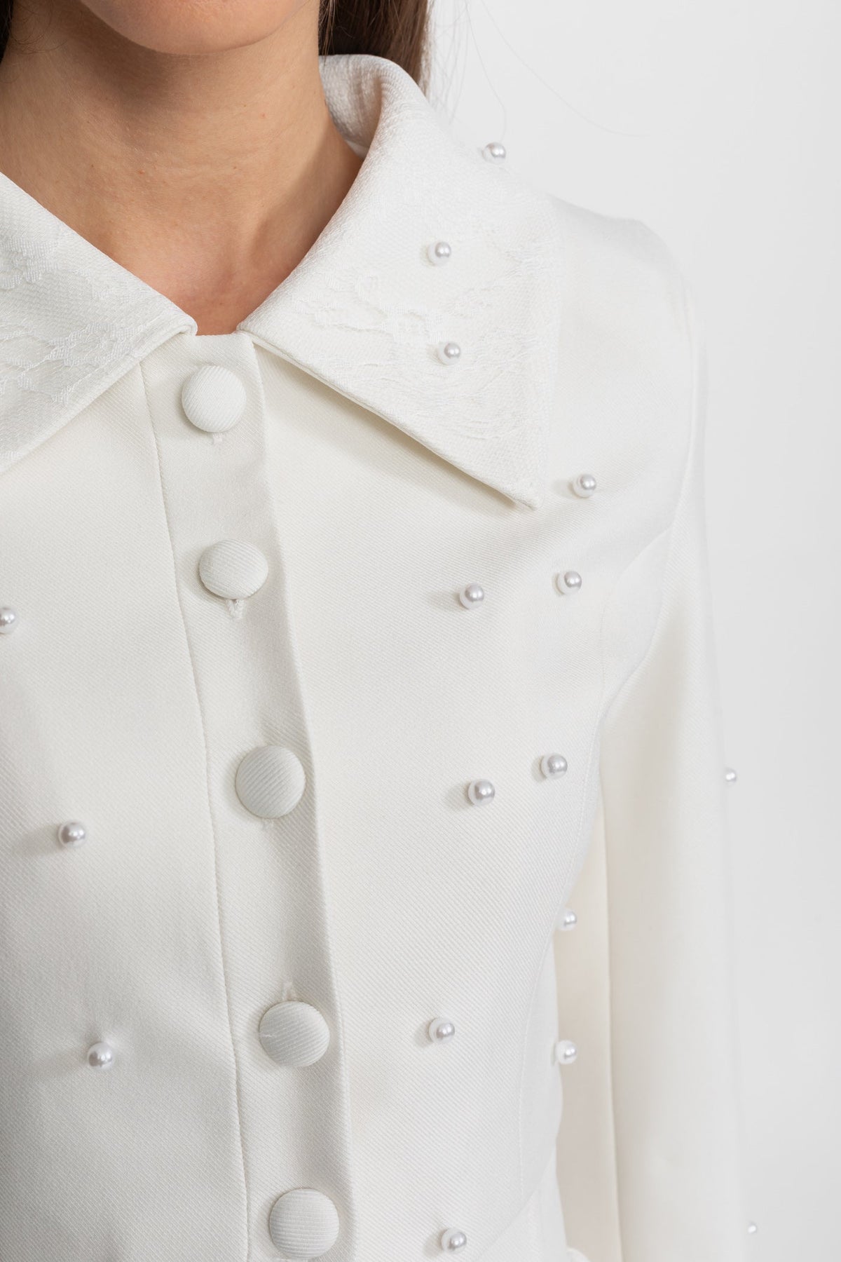 Pearl-Embellished Co-Ord Set with Cropped Jacket and Full Skirt – White