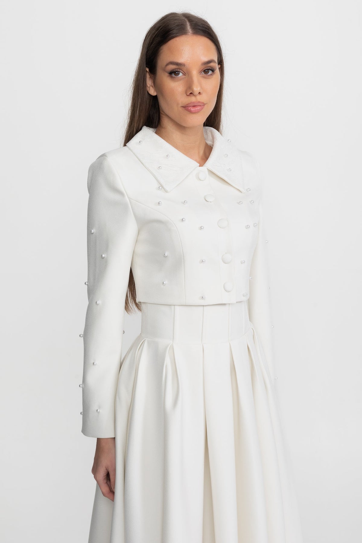 Pearl-Embellished Co-Ord Set with Cropped Jacket and Full Skirt – White