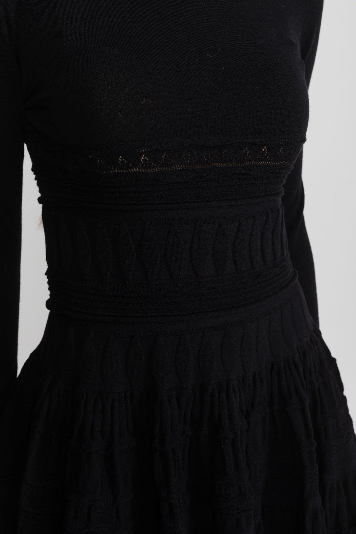 Textured Knit Mini Dress with Flared Skirt - Black