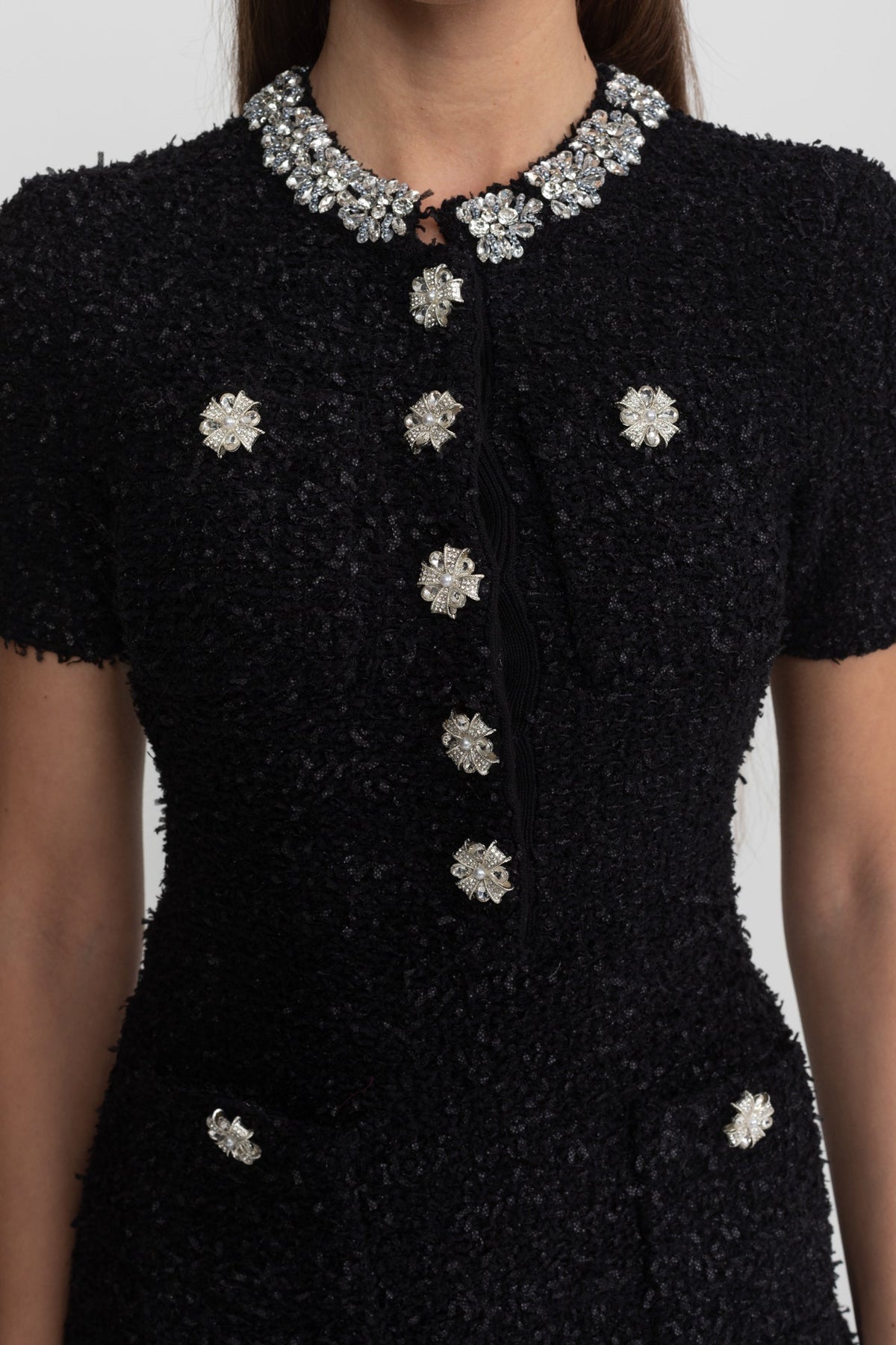 Embellished Tweed Mini Dress with Crystal Button Details – Black