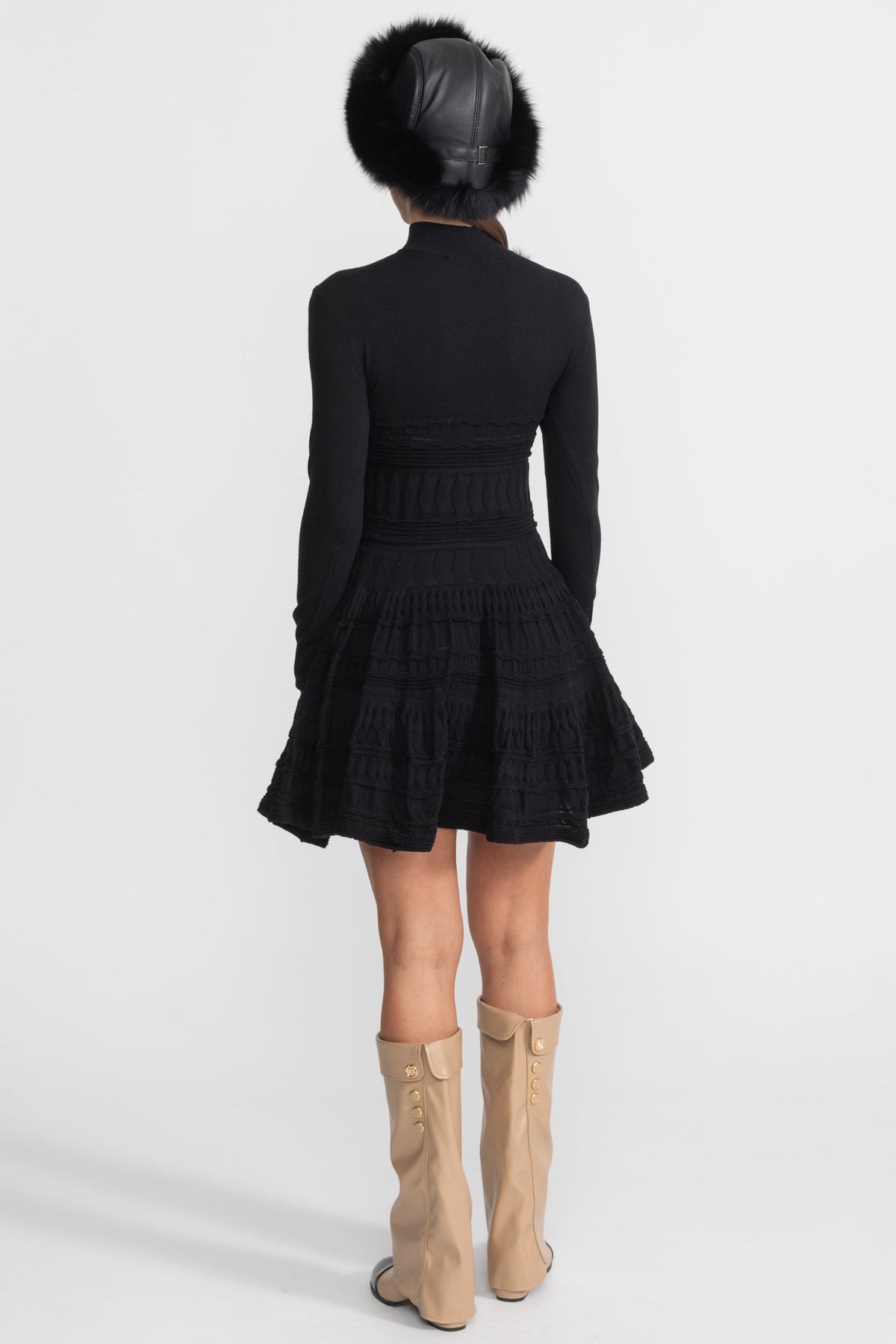 Textured Knit Mini Dress with Flared Skirt - Black
