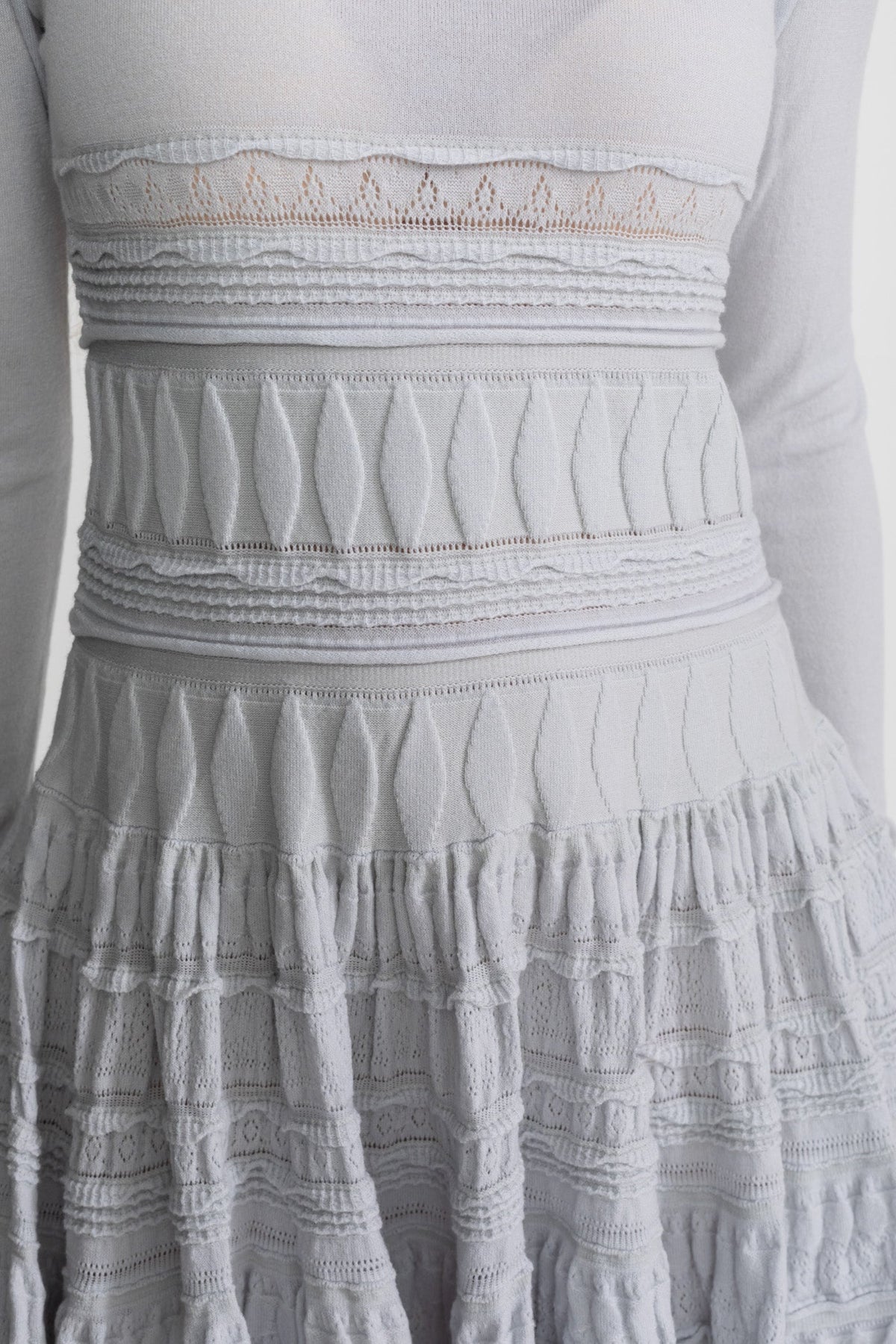 Textured Knit Mini Dress with Flared Skirt - Light Gray