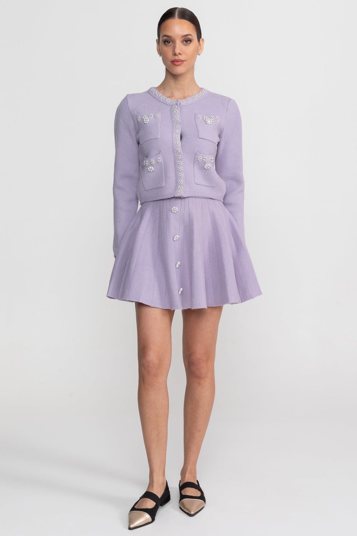 Knit Co-Ord Set With Long Sleeve Cardigan And Matching Mini Skirt - Lilac