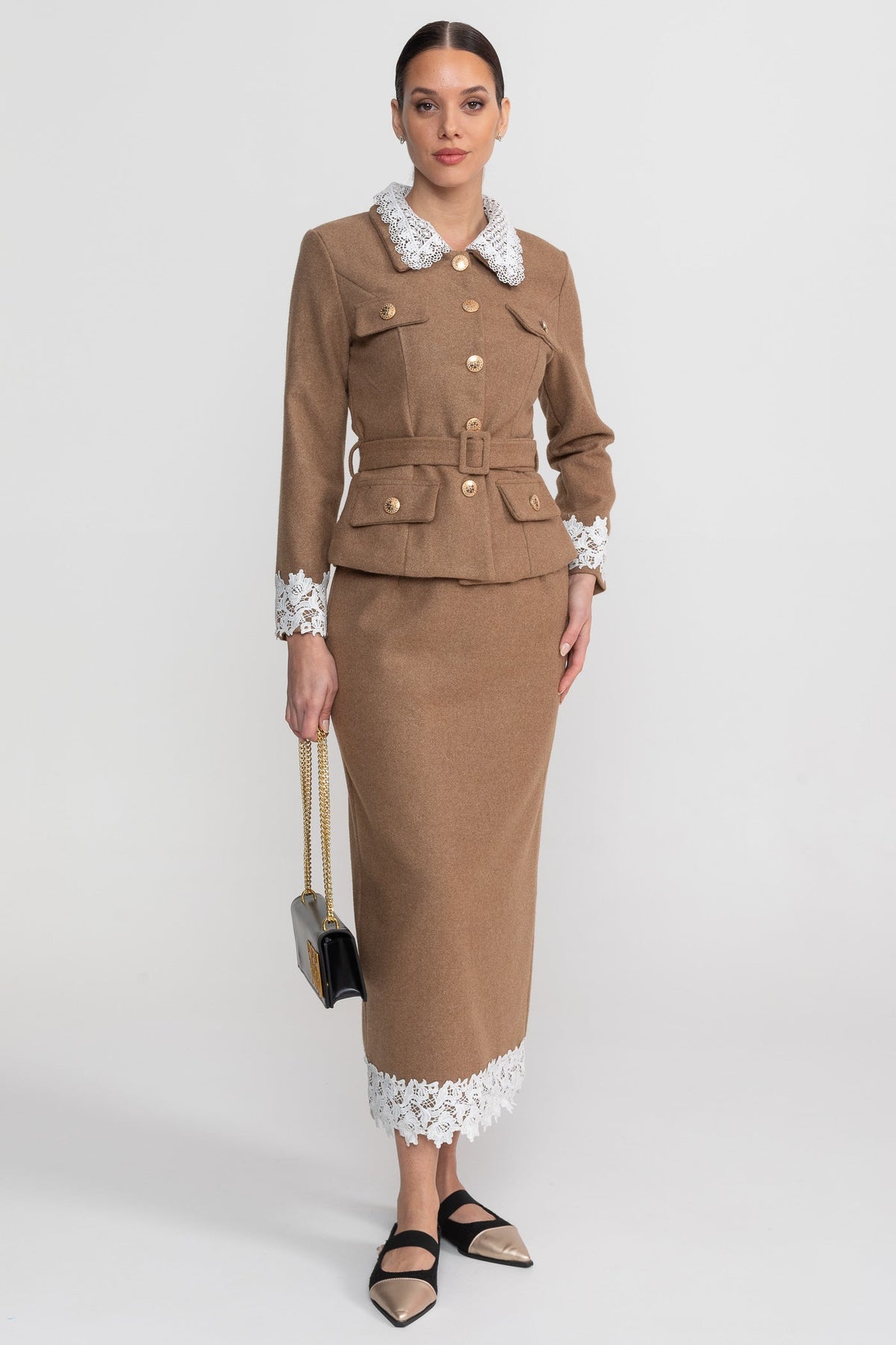 Tailored Co-Ord Set With Lace Trim Detailing - Camel