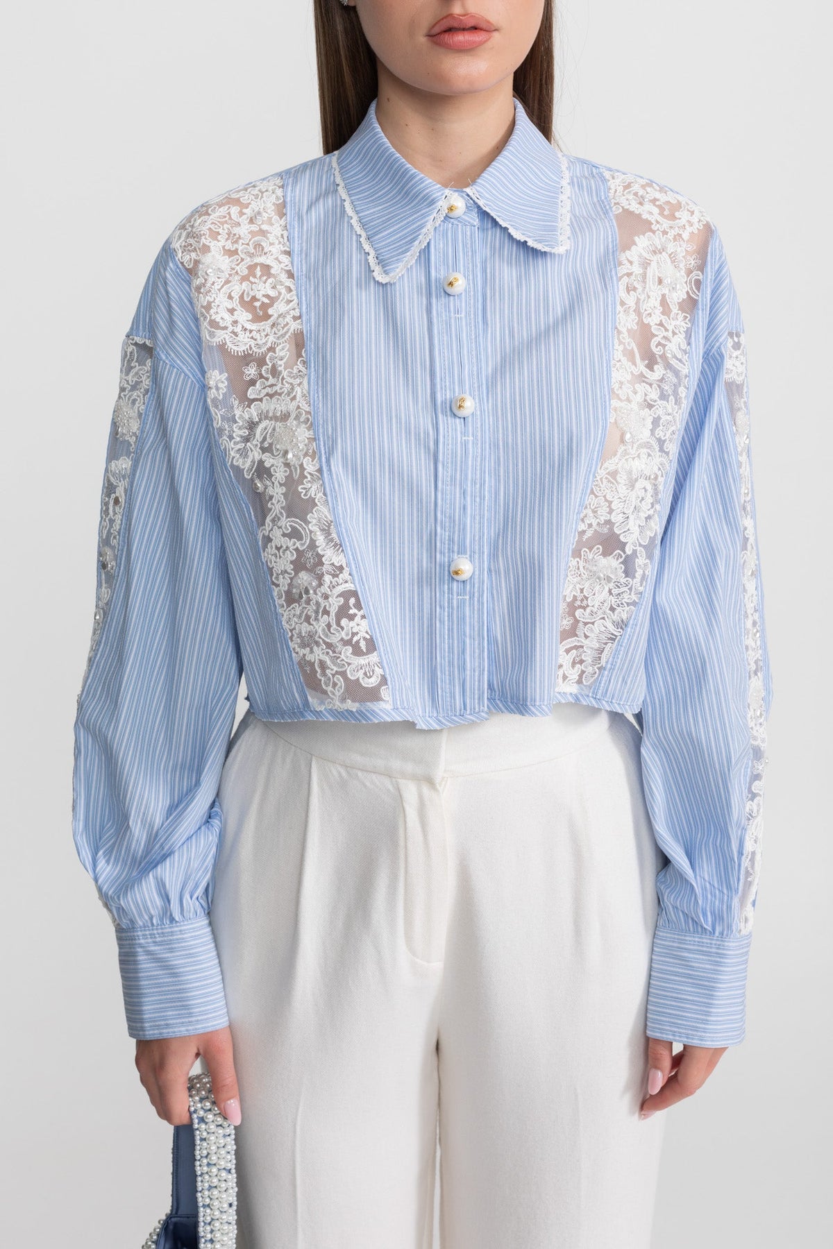 Striped Cotton and Lace Panel Shirt – Light Blue