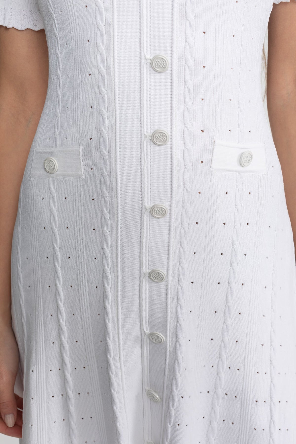 Knit Button-Front Midi Dress with Scalloped Sleeves – White