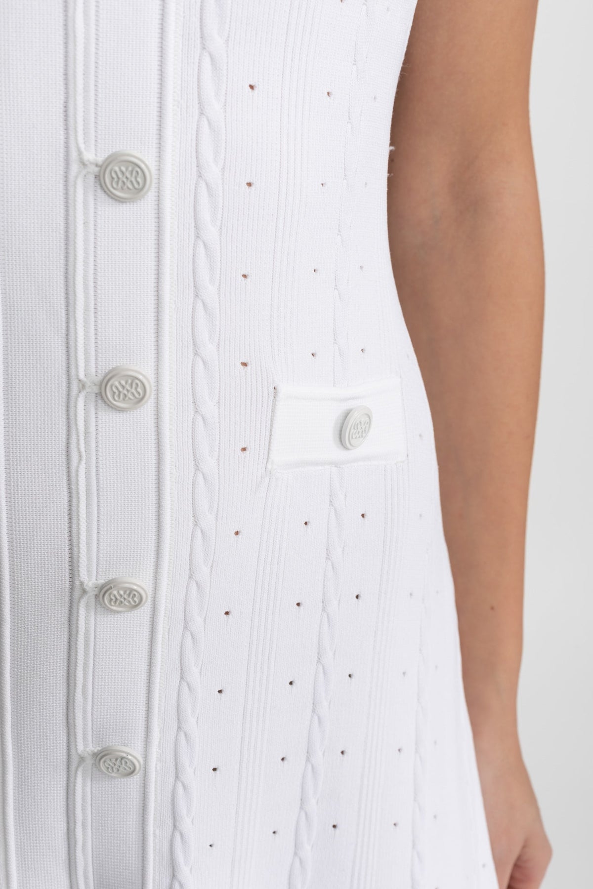 Knit Button-Front Midi Dress with Scalloped Sleeves – White