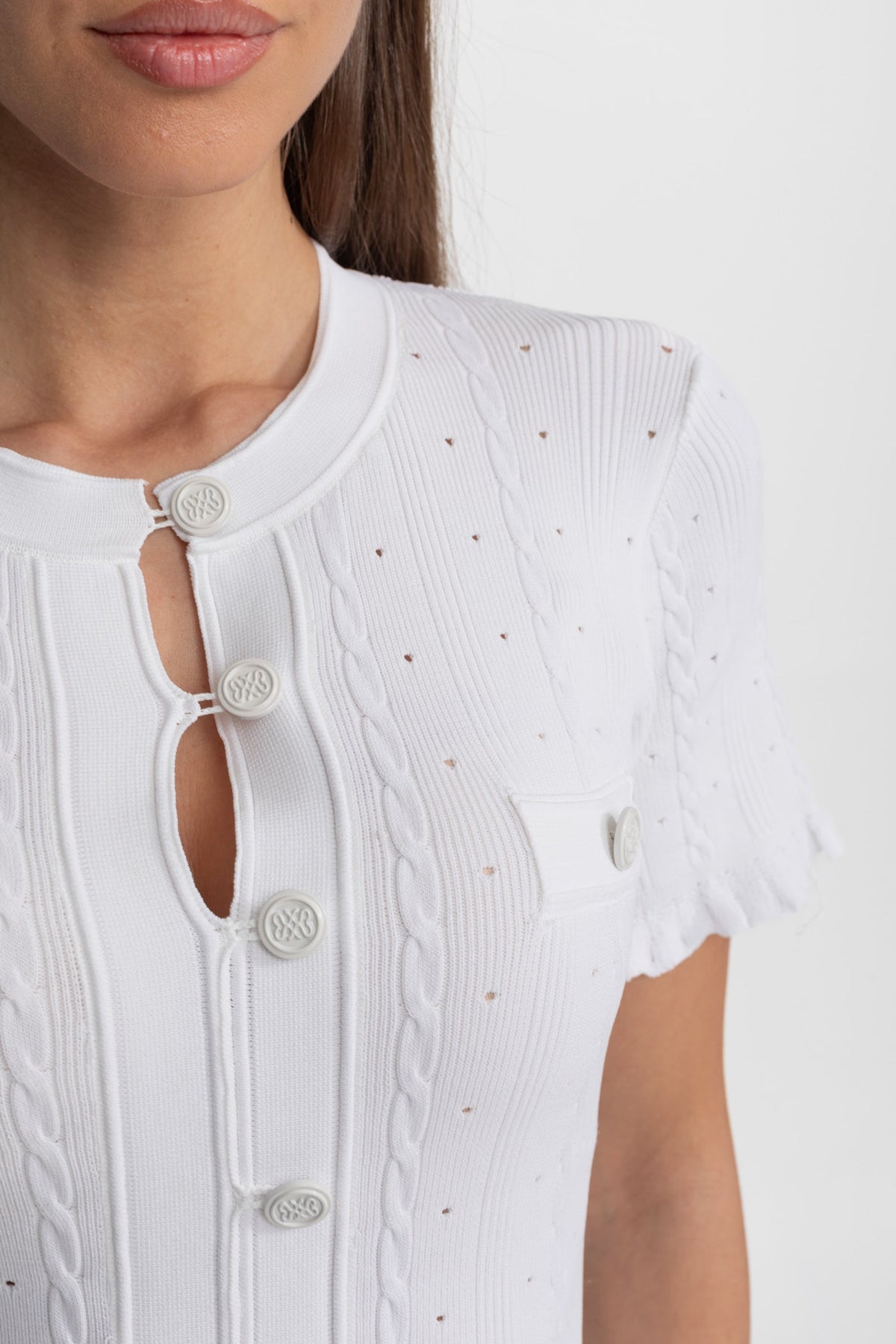 Knit Button-Front Midi Dress with Scalloped Sleeves – White