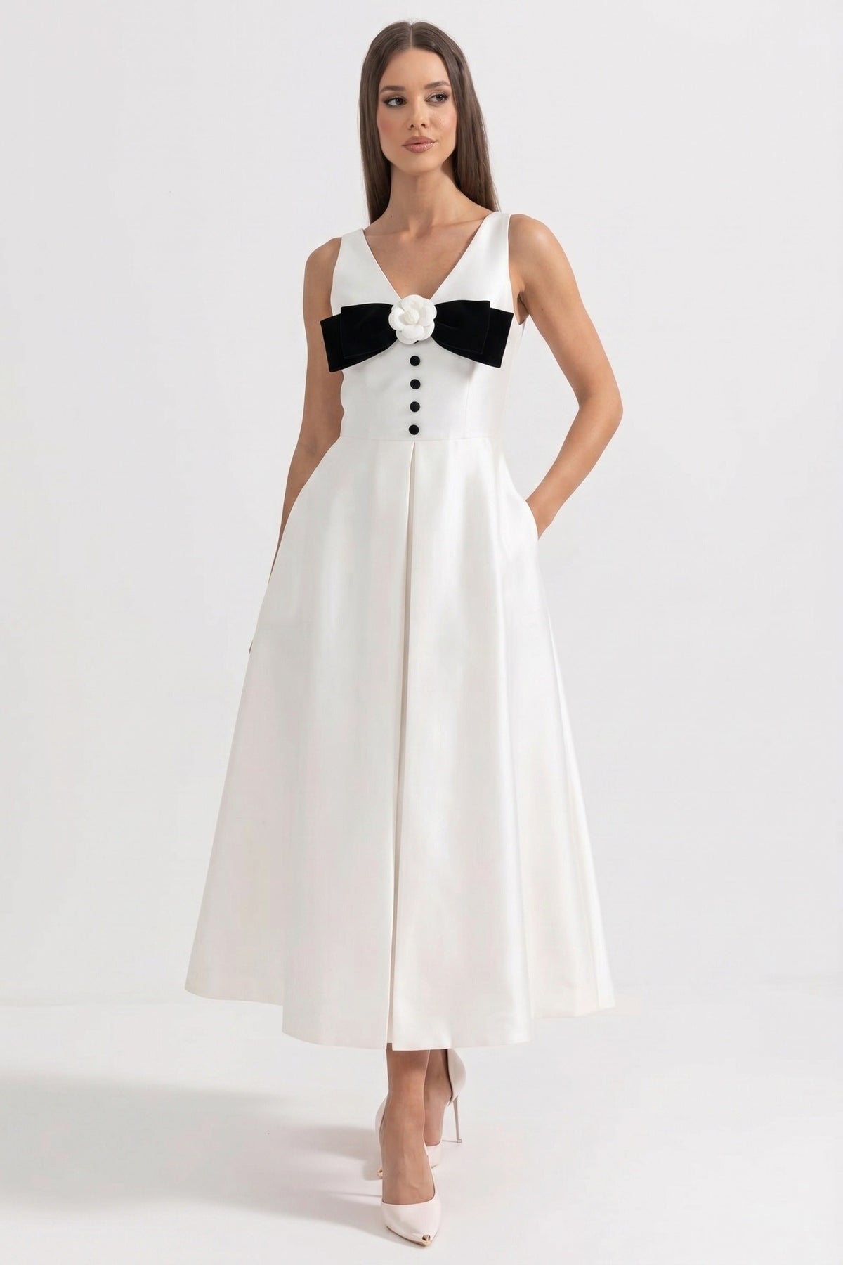 Halter Neck Maxi Dress With Black Bow Bustline And Button Front - White