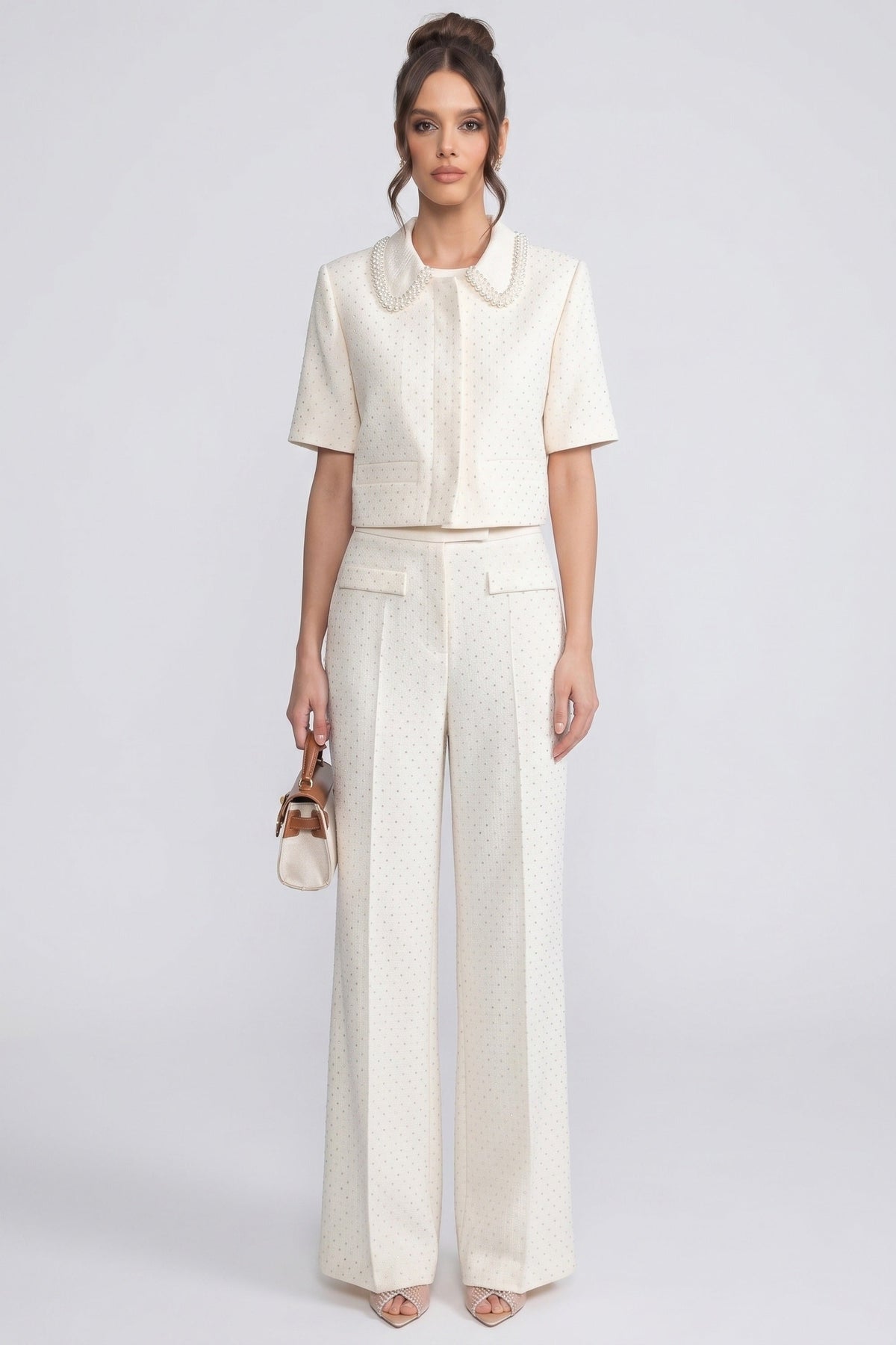 Short-Sleeve Embellished Tweed Cropped Jacket With Crystal Collar - Ivoire
