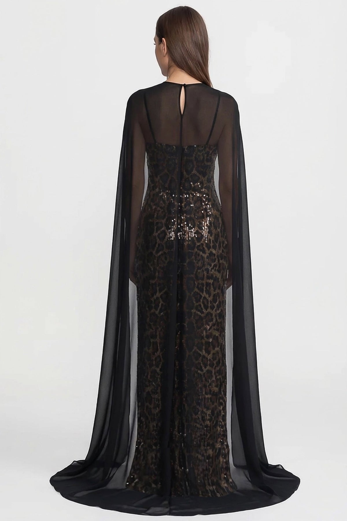 Sequin Maxi Dress with Sheer Cape Overlay – Leopard & Black
